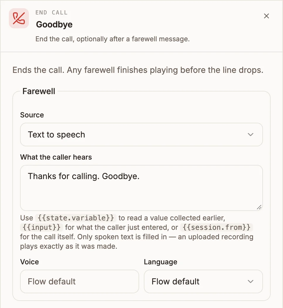 End Call settings panel with a text-to-speech farewell