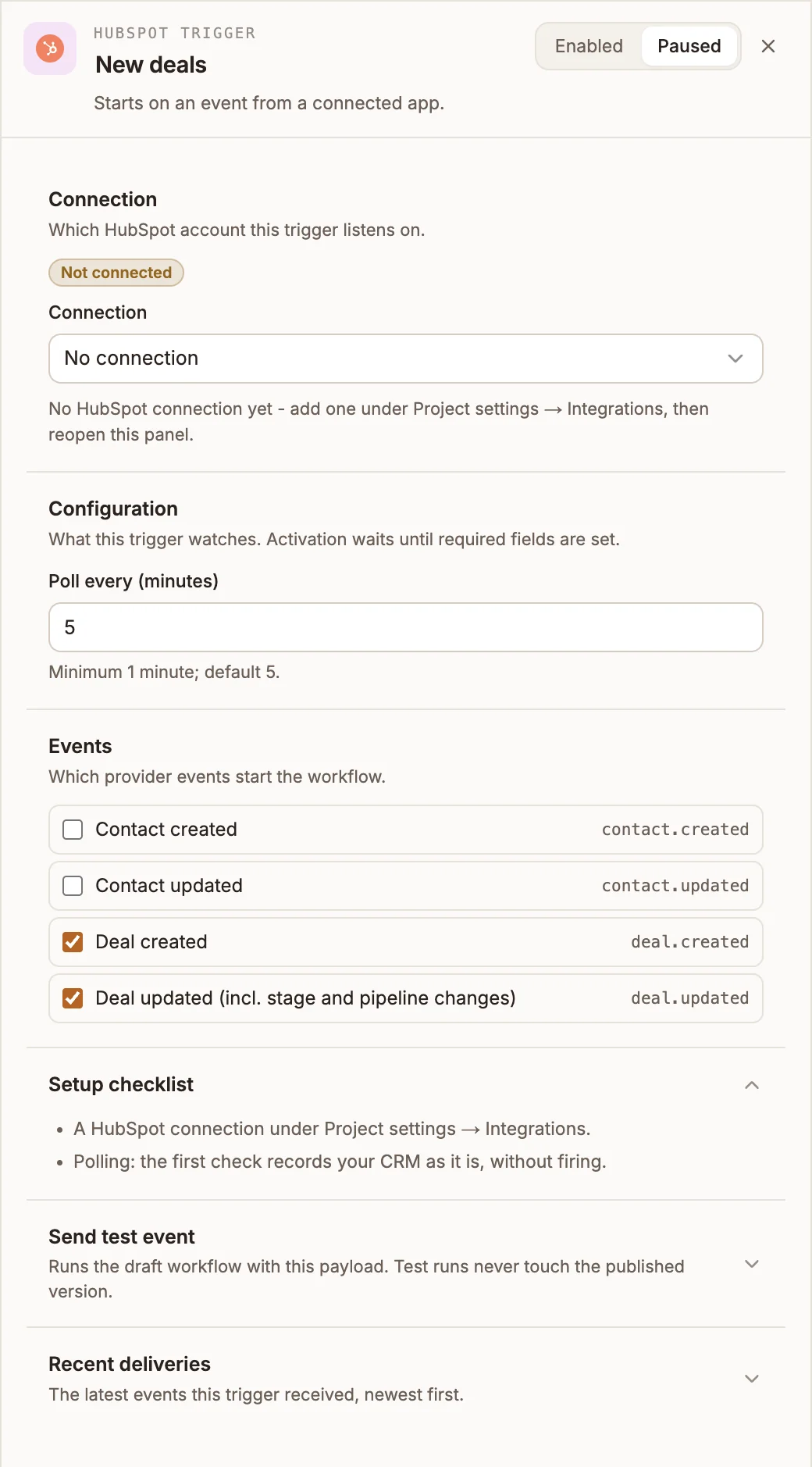 HubSpot Trigger panel with the connection picker, a 5-minute poll interval, and Deal created and Deal updated selected