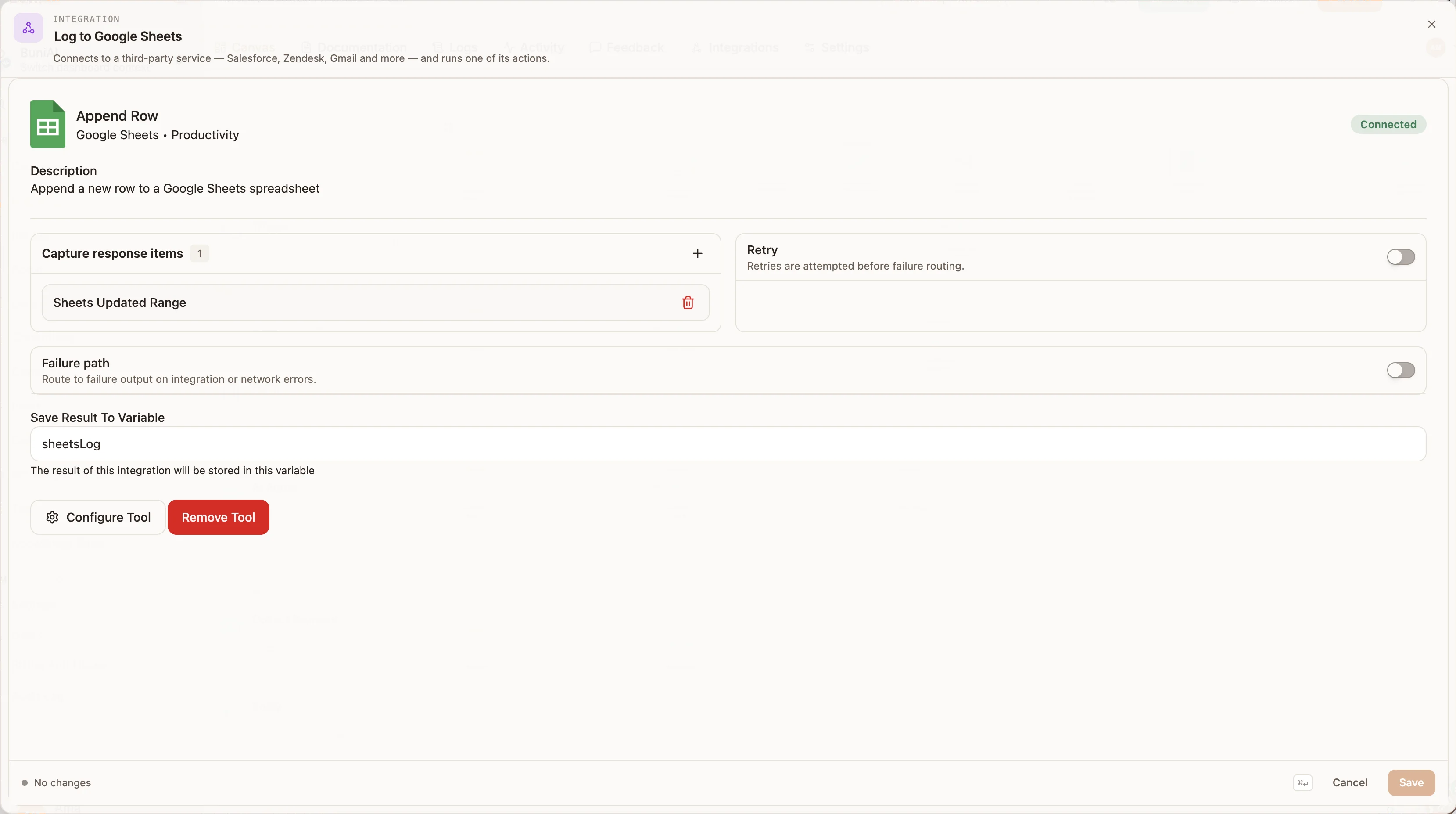 Integration panel showing Google Sheets Append Row, Connected, with Capture response items, Retry and Failure path