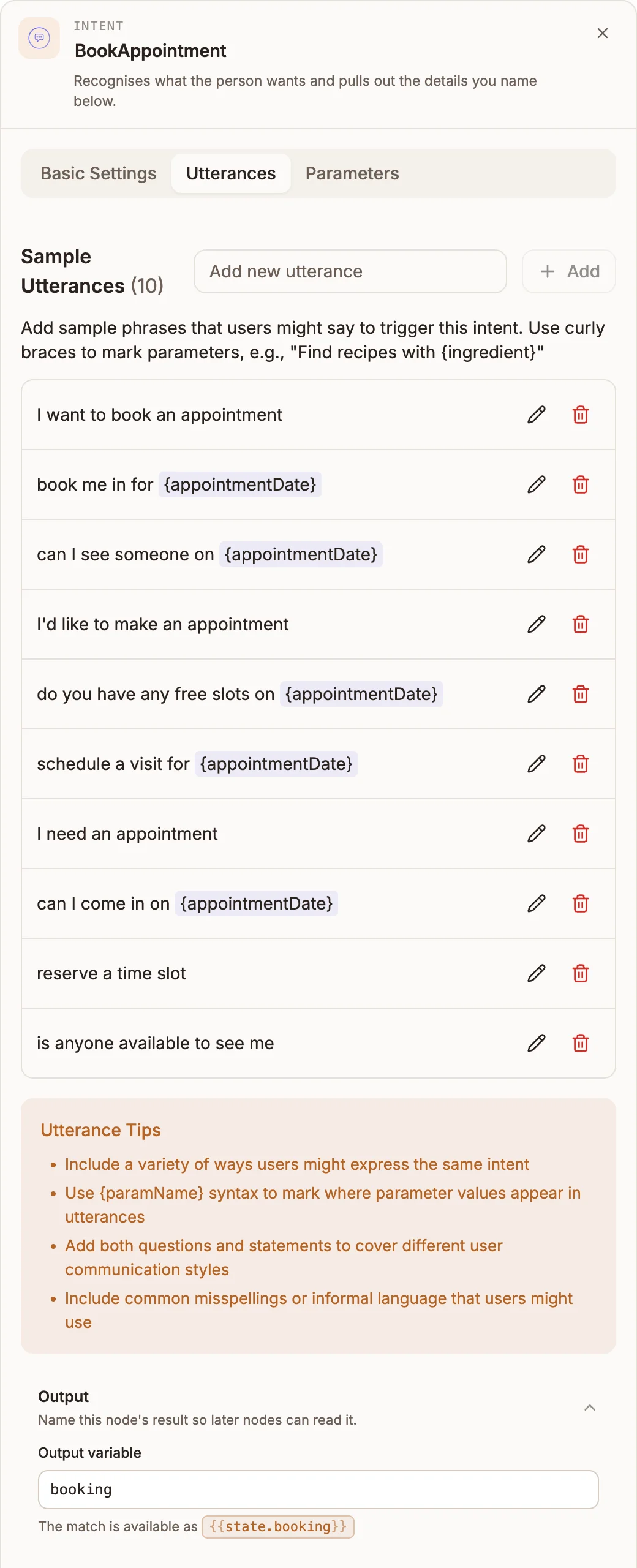 Intent settings panel on the Utterances tab, with sample phrases and a highlighted date parameter
