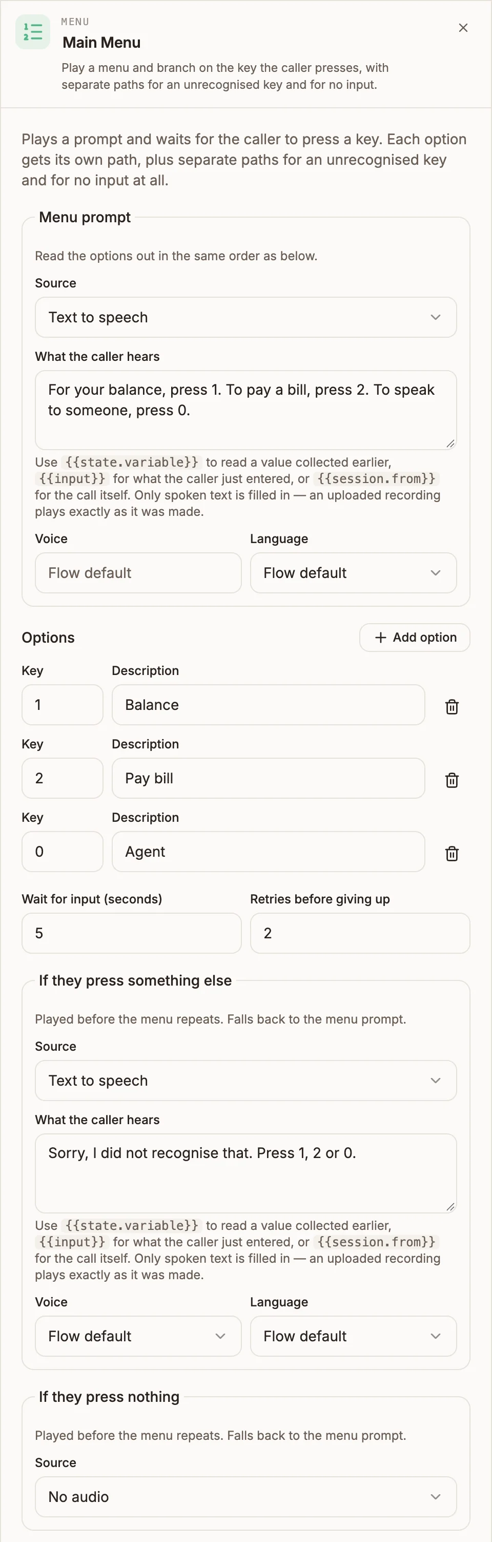 Menu settings panel with a menu prompt, three options, and the retry settings