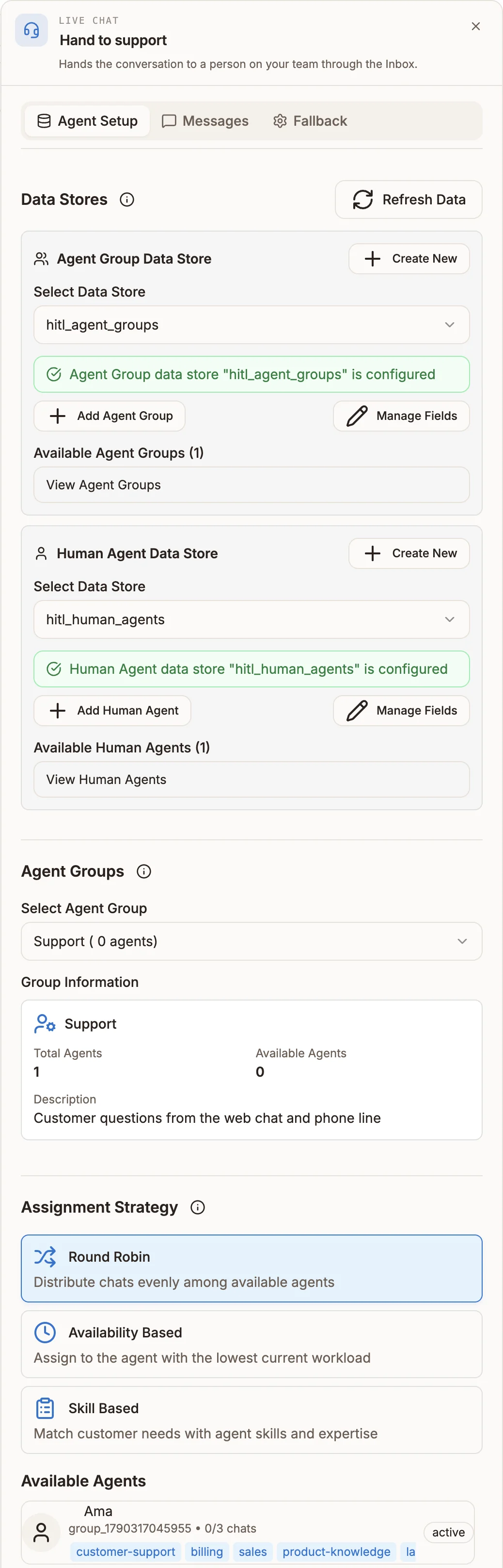 Live Chat settings panel on the Agent Setup tab, with data stores, agent group and assignment strategy set