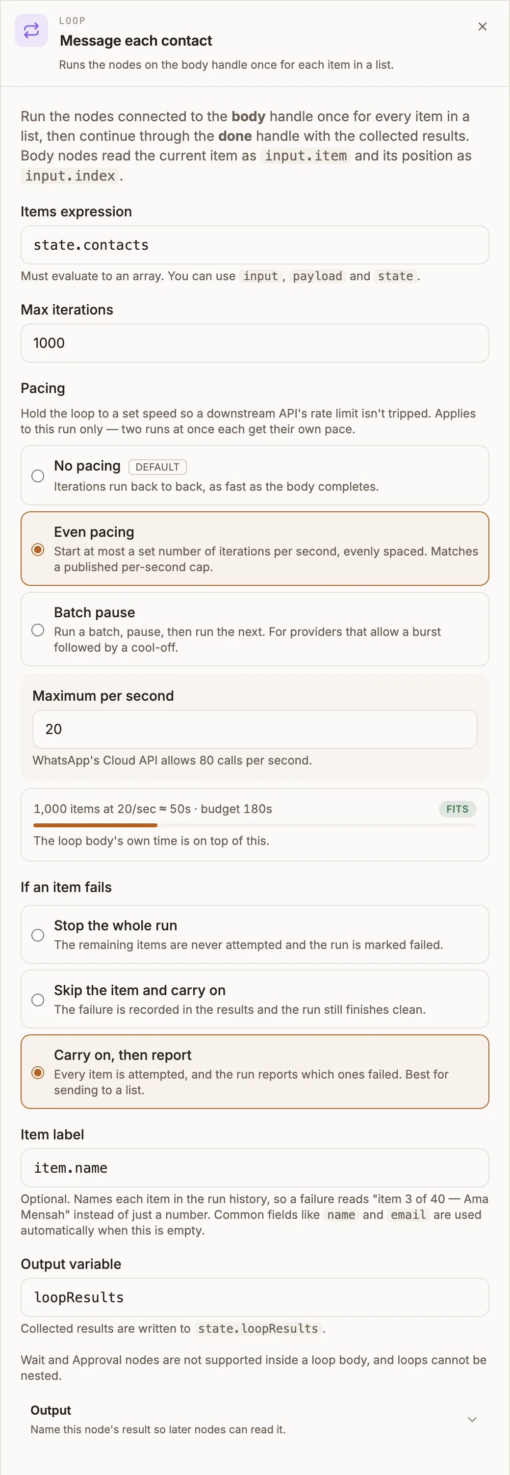 Loop settings with Items expression set to state.contacts, Even pacing at 20 per second, and Carry on, then report selected