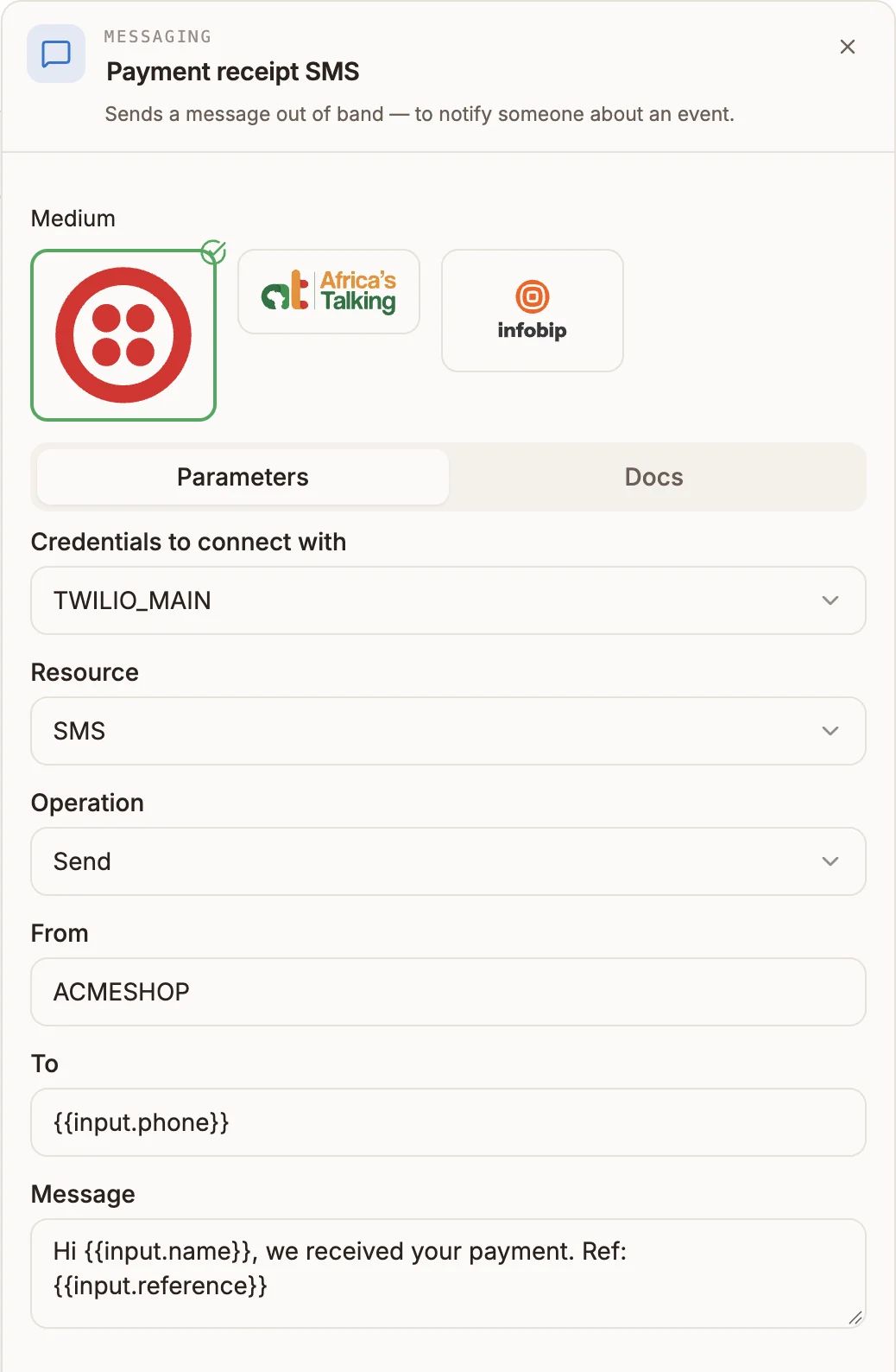 Messaging settings panel with Twilio selected and From, To and Message filled in