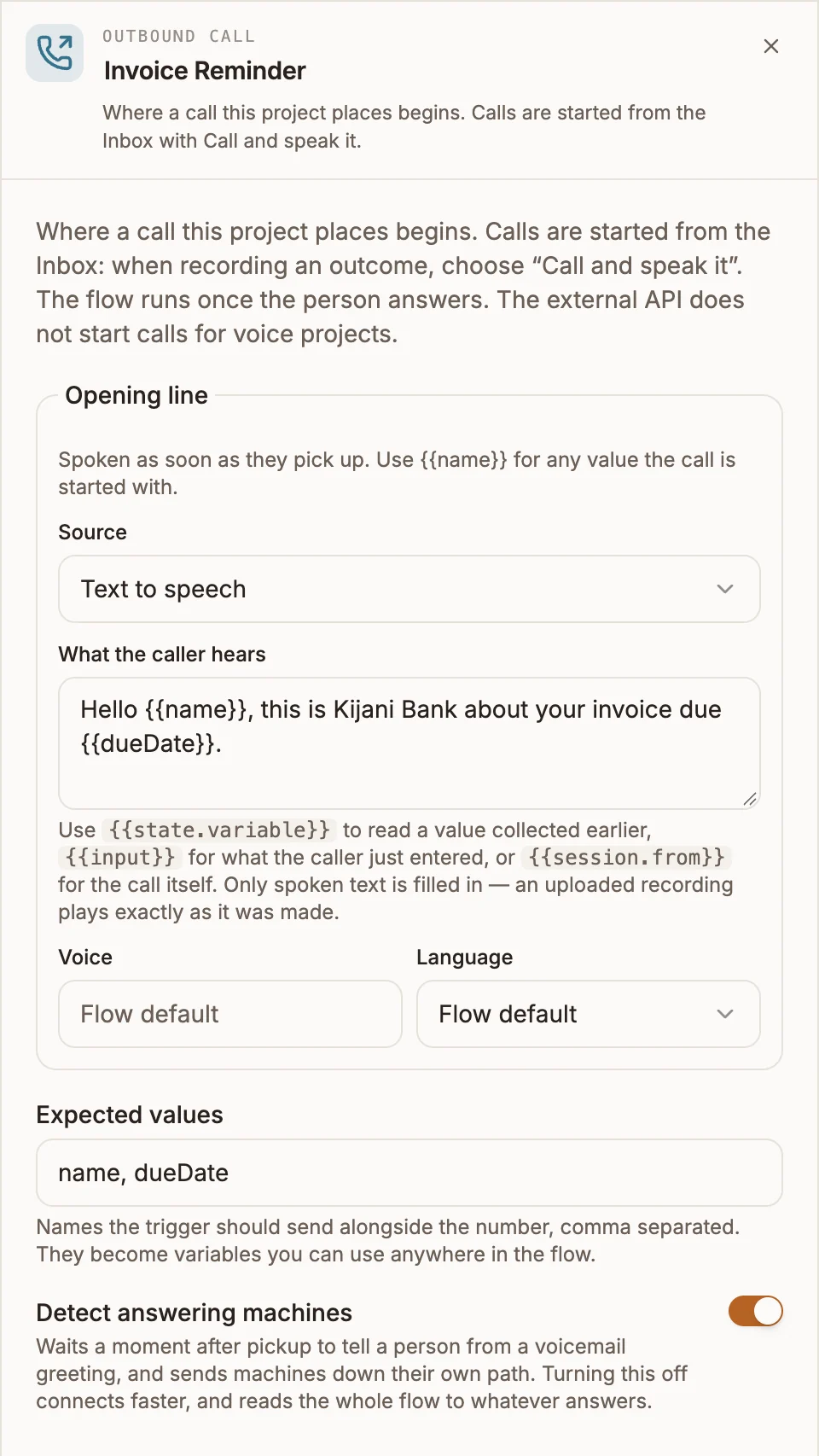 Outbound Call settings panel with an opening line using name and date variables, expected values filled in and Detect answering machines on