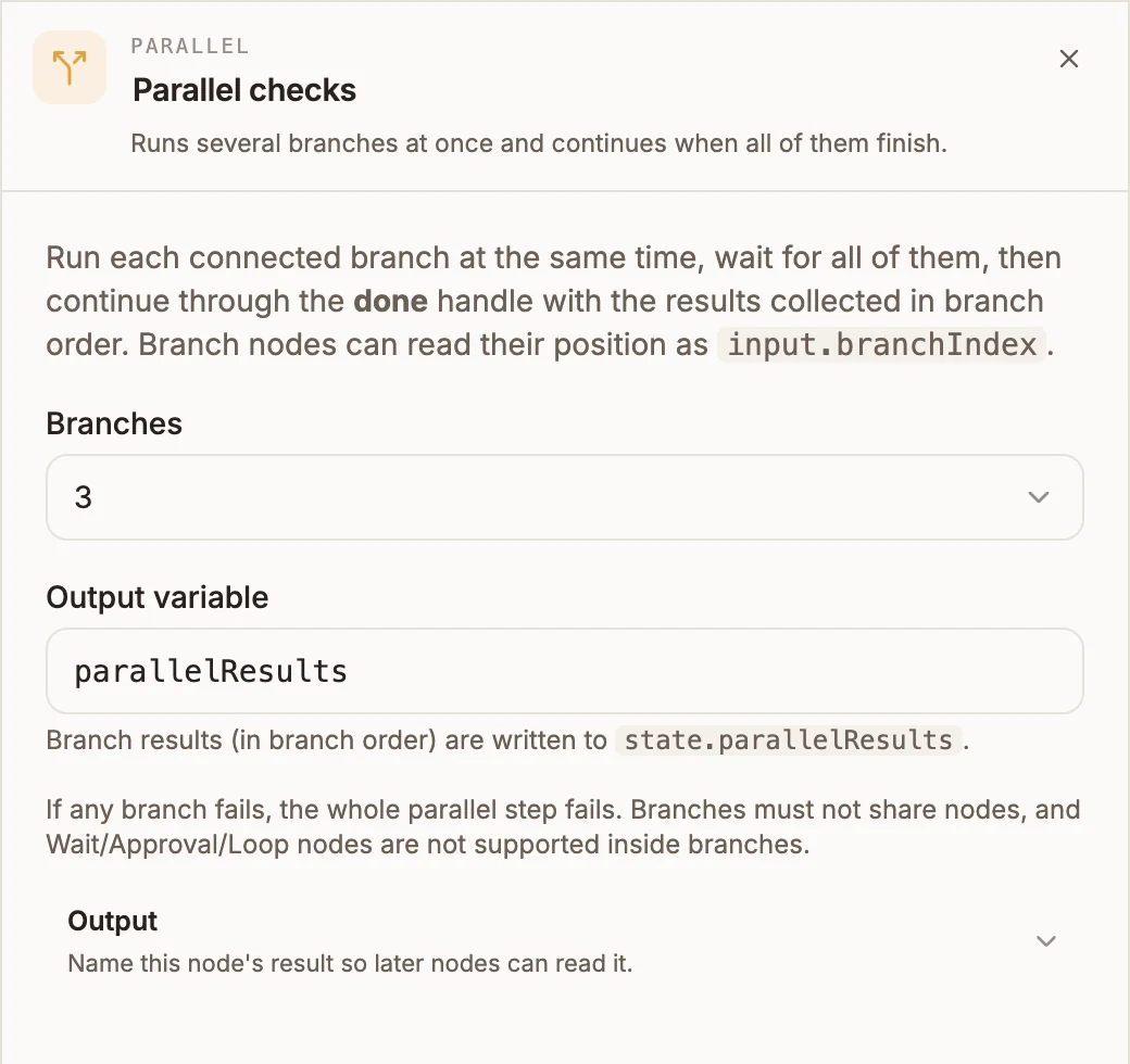 Parallel settings with Branches set to 3 and Output variable parallelResults