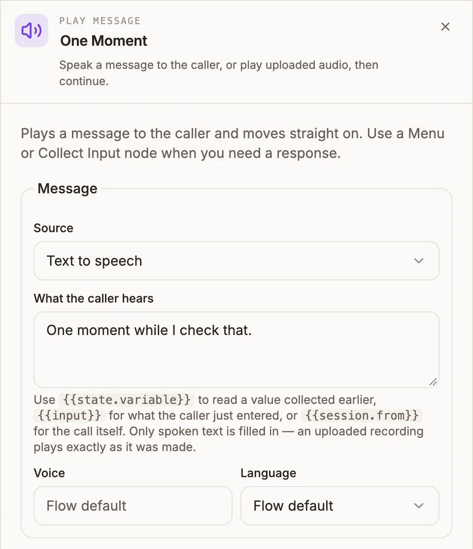 Play Message settings panel with the Message section set to Text to speech