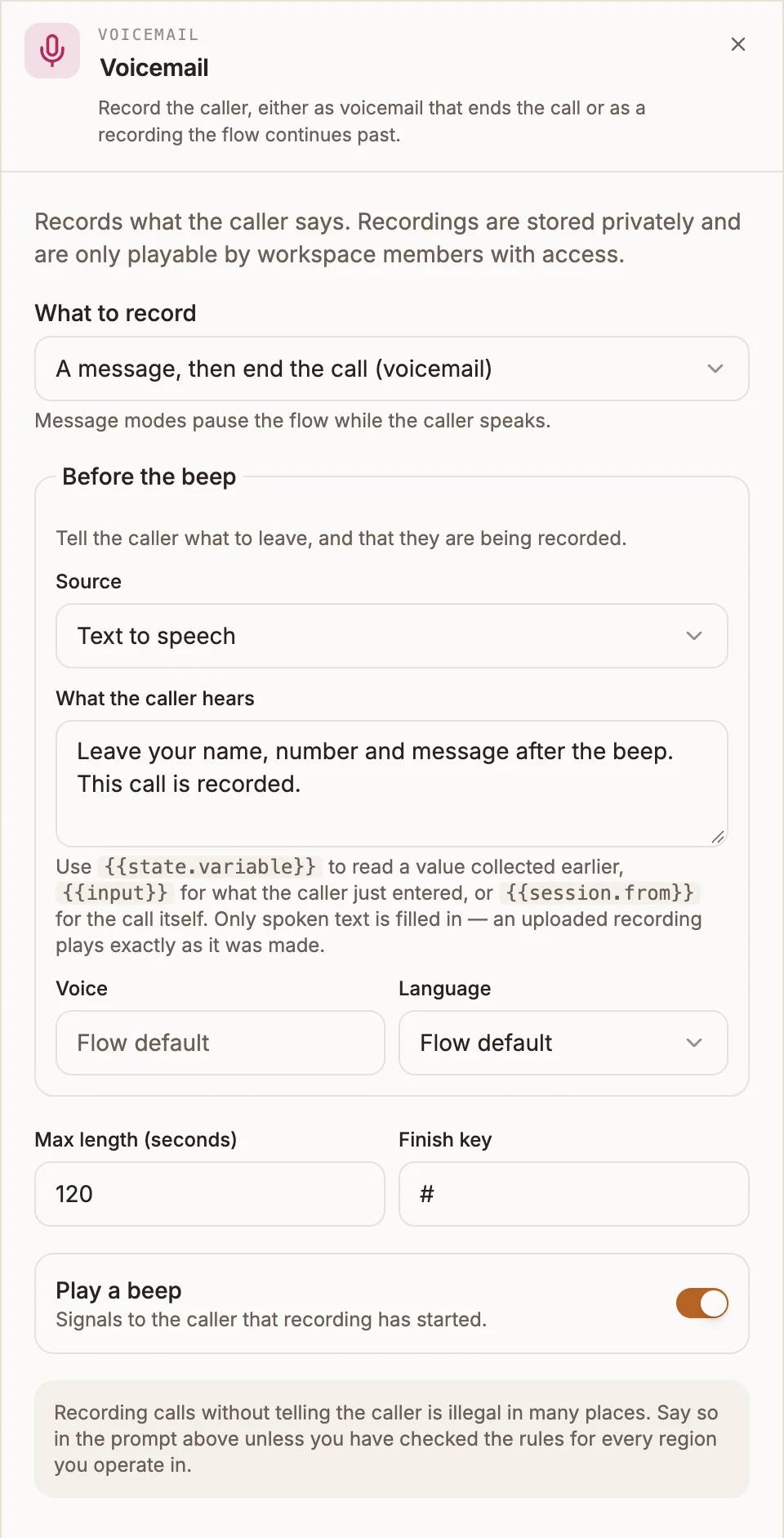 Record settings panel in voicemail mode with a prompt, max length and finish key