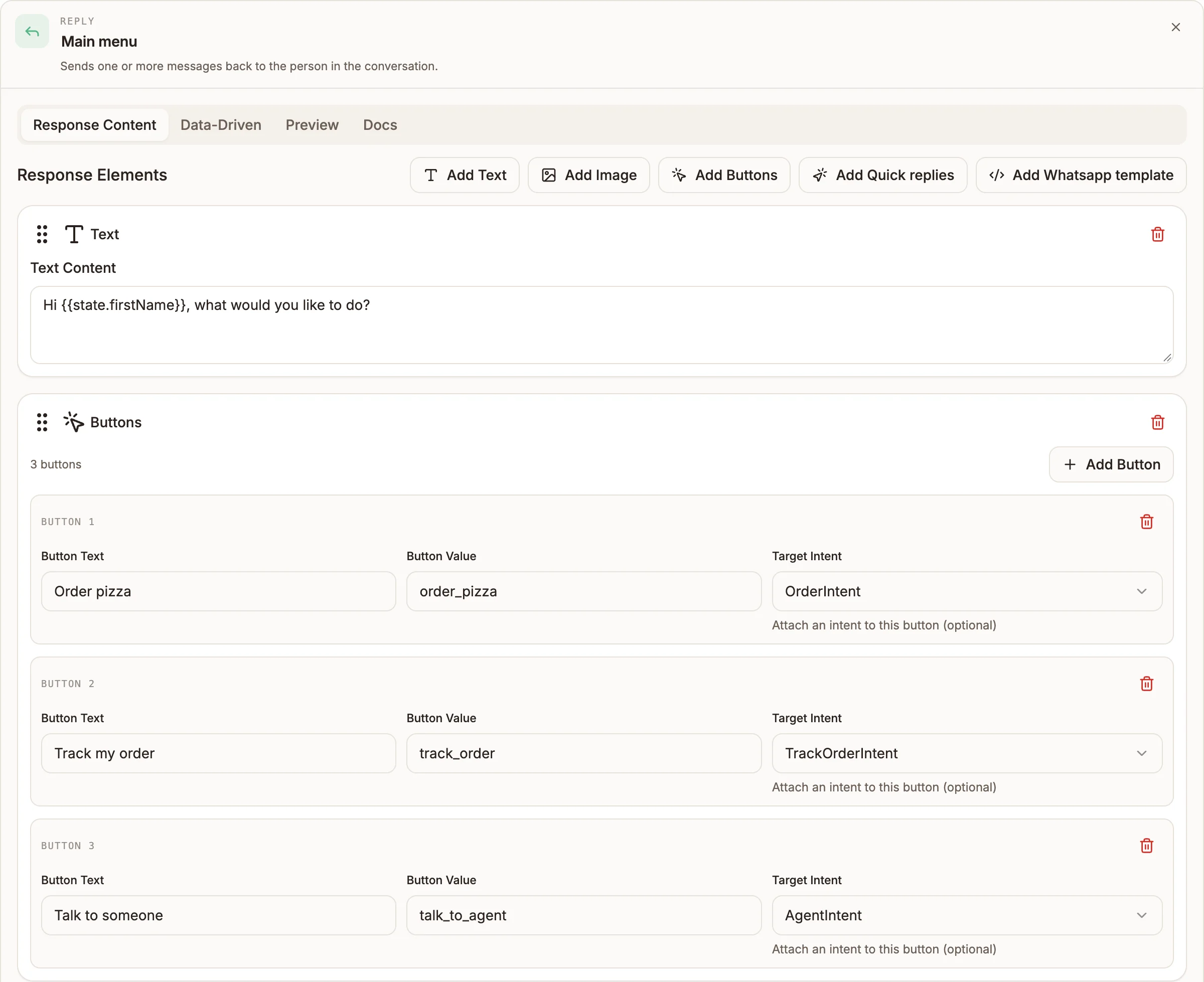 Reply settings panel on the Response Content tab with a text element and a buttons element