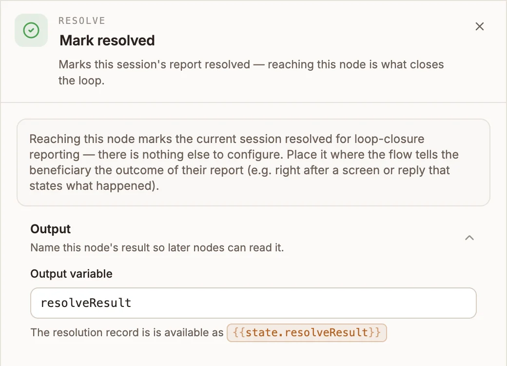 Resolve settings panel explaining that reaching the node marks the session resolved