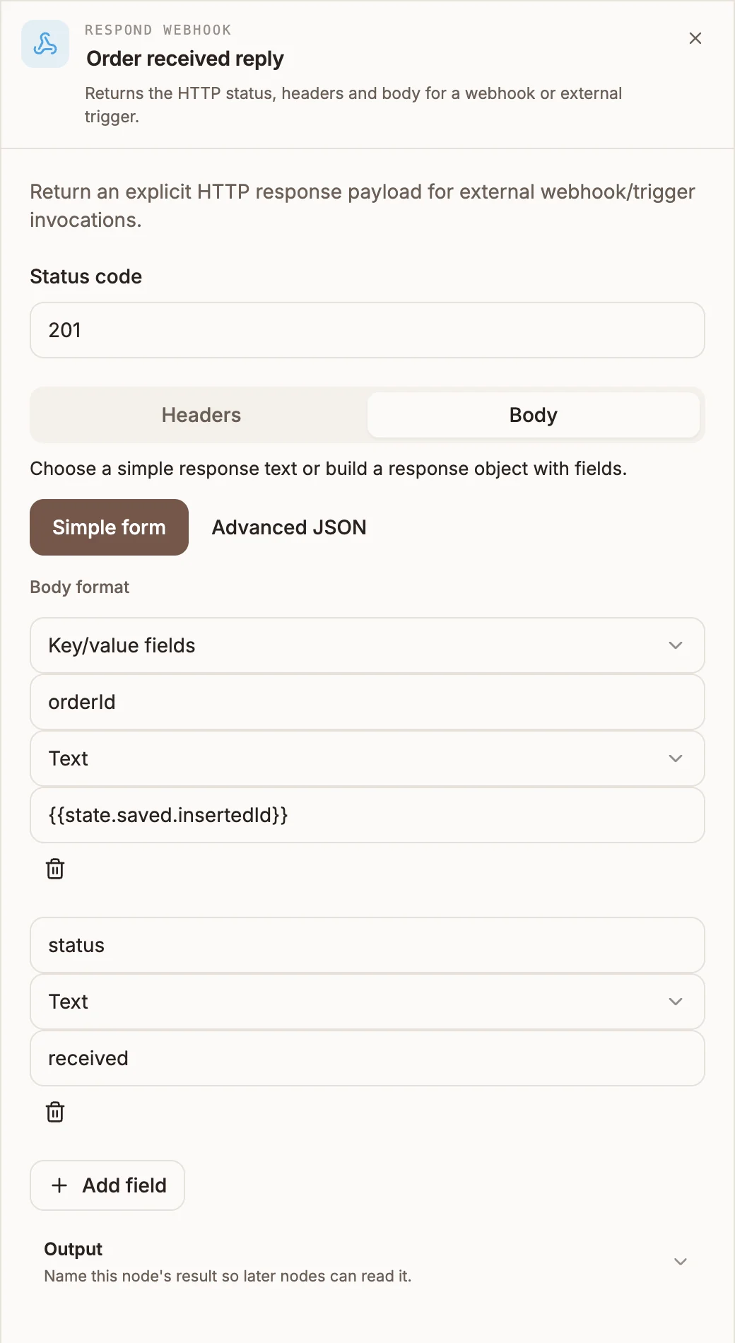Respond Webhook settings with Status code 201, Headers in Simple form, and a Body built from key/value fields