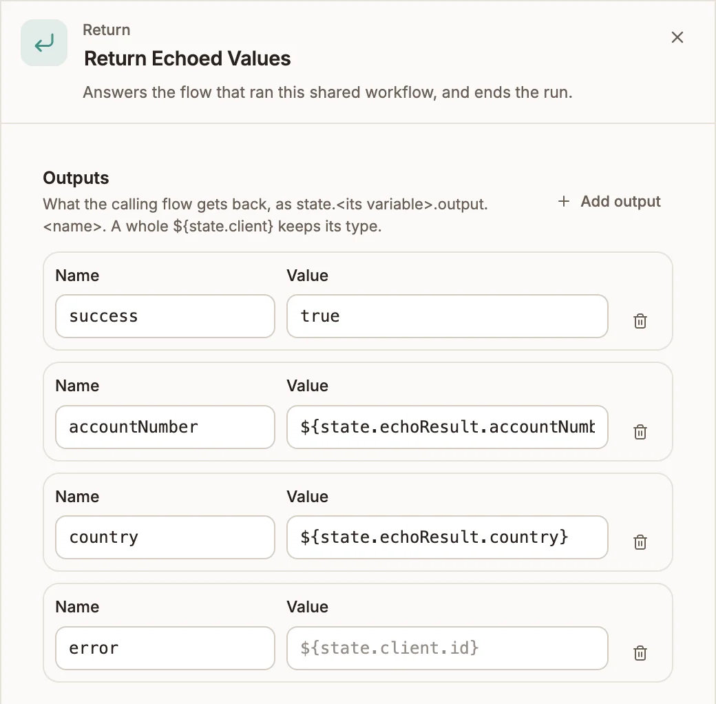 Return settings with four outputs: success, accountNumber, country and error