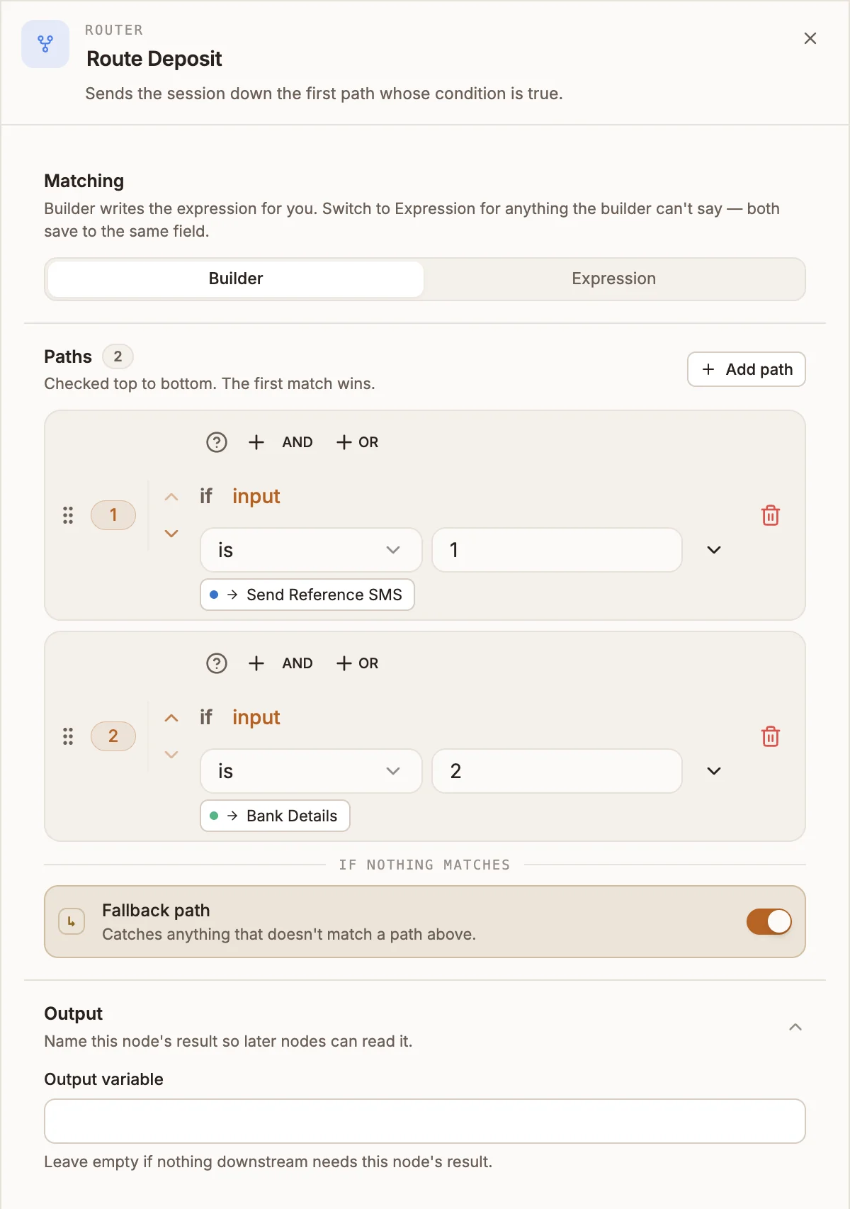 Router settings panel in Builder mode with two paths and the fallback path switched on