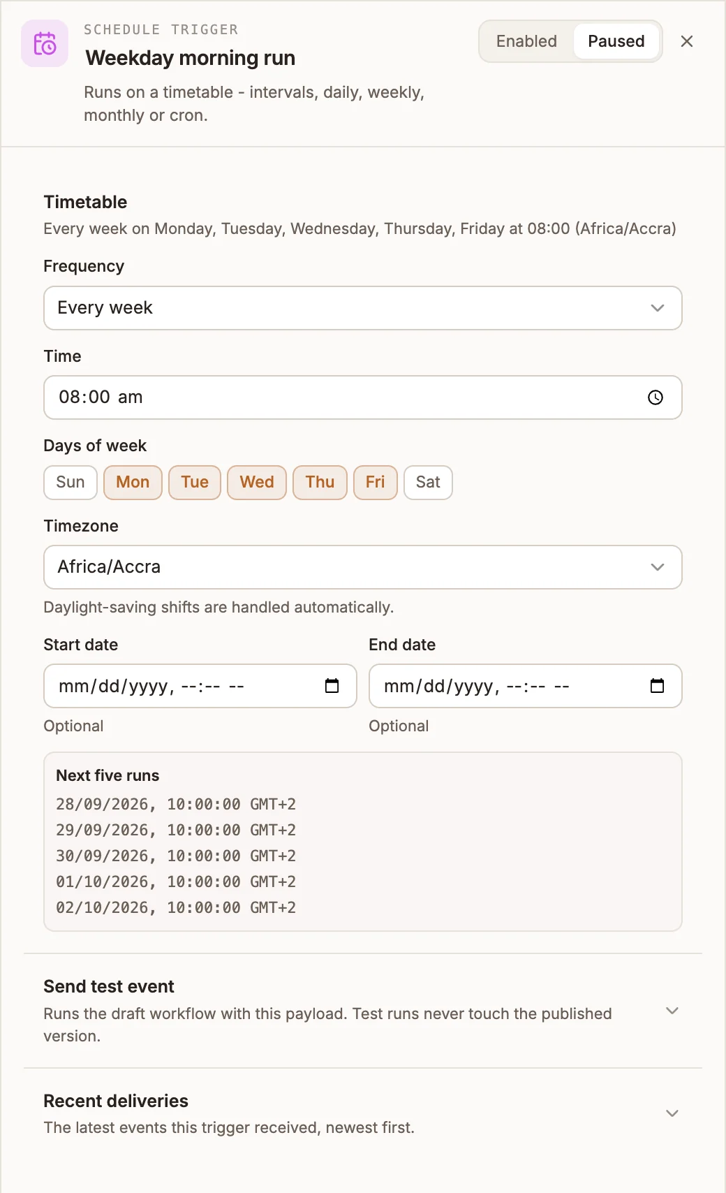 Schedule Trigger panel: every week on Monday to Friday at 08:00 in Africa/Accra, with the next five runs listed