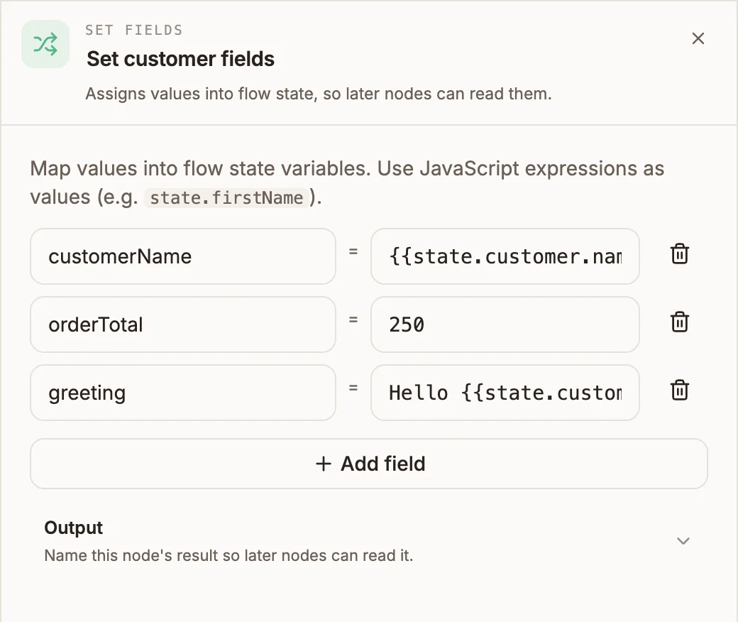 Set Fields panel with three field rows: customerName, orderTotal and greeting