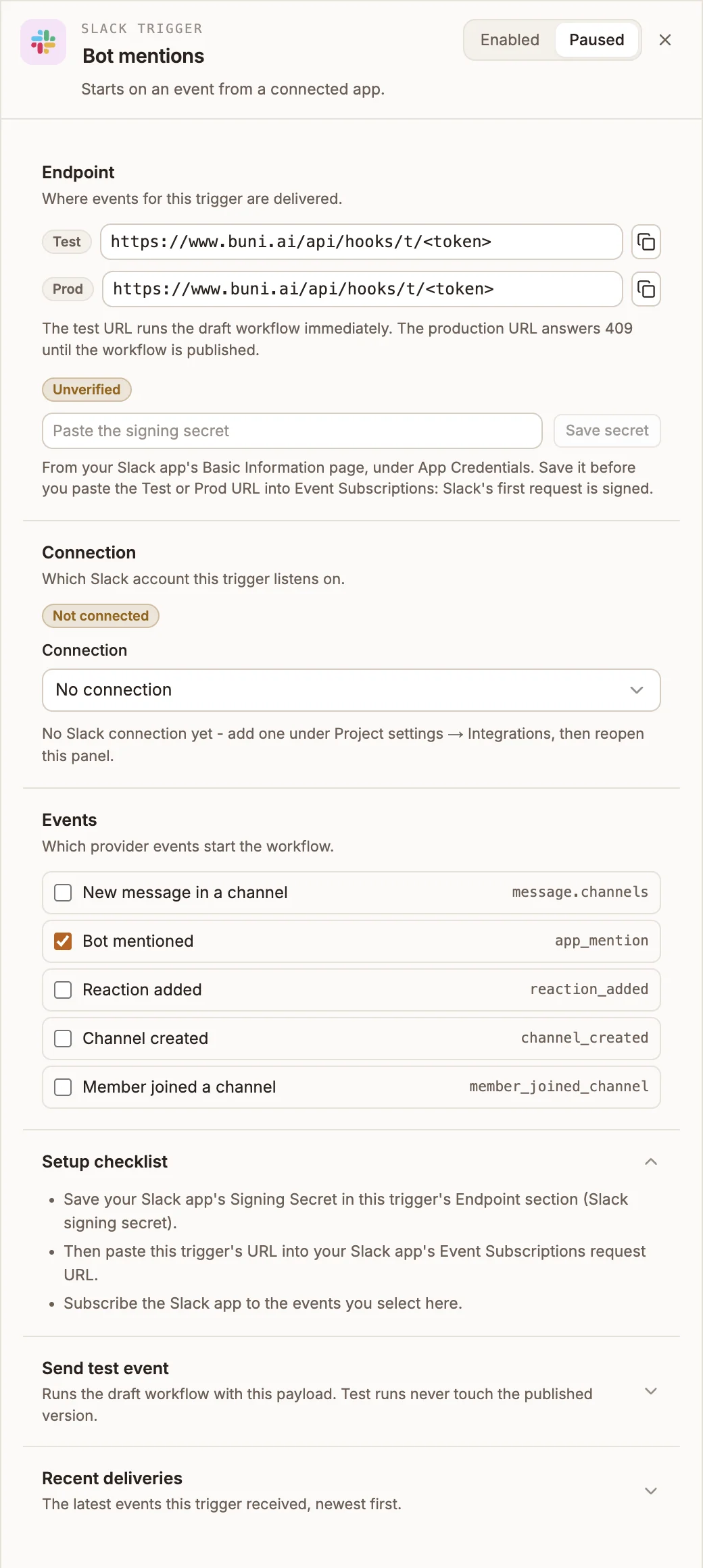 Slack Trigger panel with its endpoint URLs, the Slack signing secret field and Save secret button, five events with Bot mentioned selected, and the setup checklist