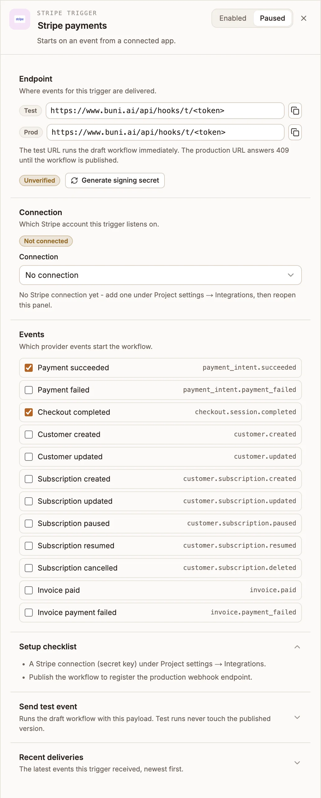 Stripe Trigger panel with its endpoint URLs, the Stripe connection picker, twelve events with two selected, and the setup checklist