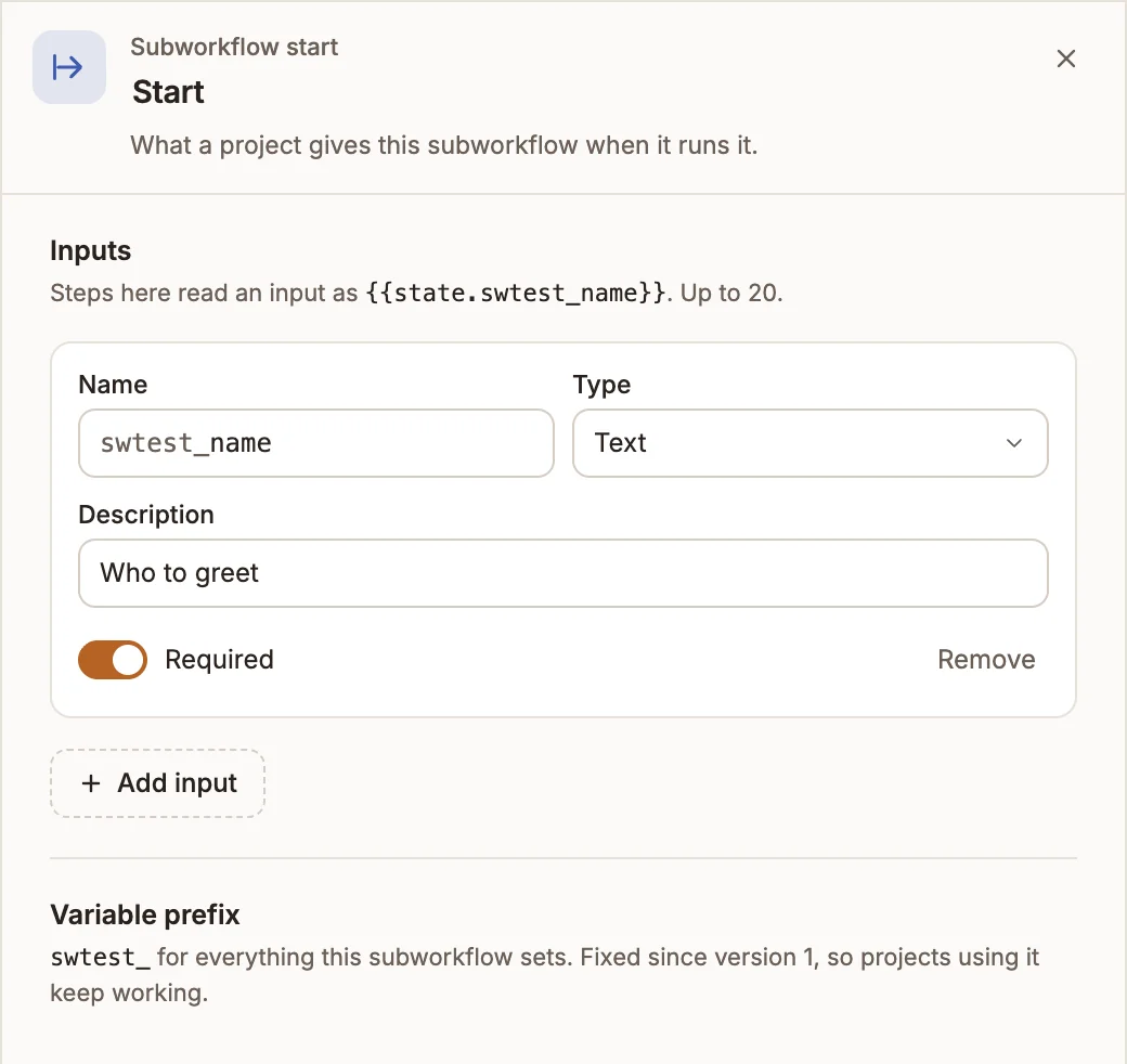 Start settings with one required Text input, swtest_name, described as Who to greet, and the variable prefix swtest_, fixed since version 1