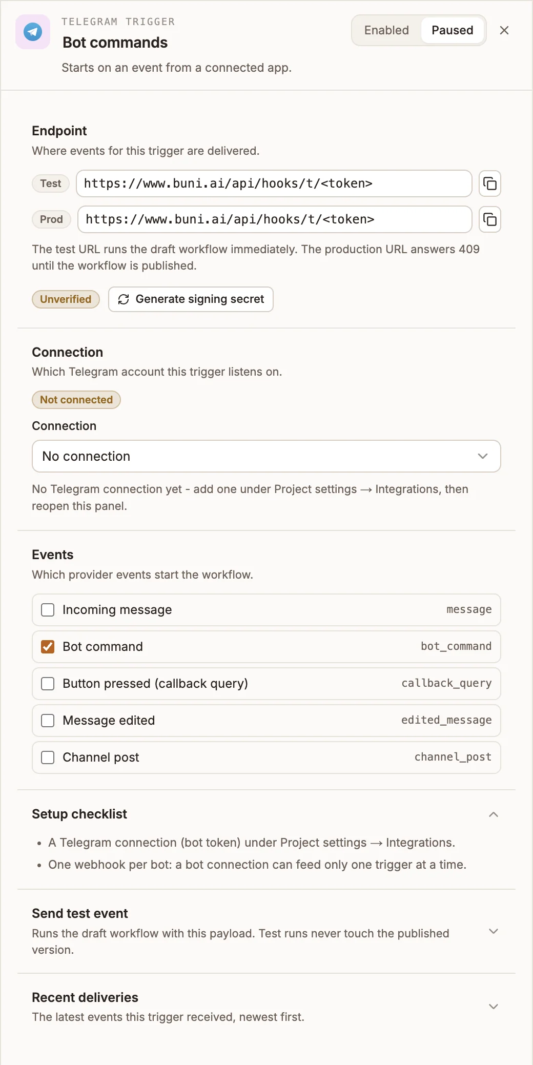 Telegram Trigger panel with its endpoint URLs, the Telegram connection picker, five events with Bot command selected, and the setup checklist