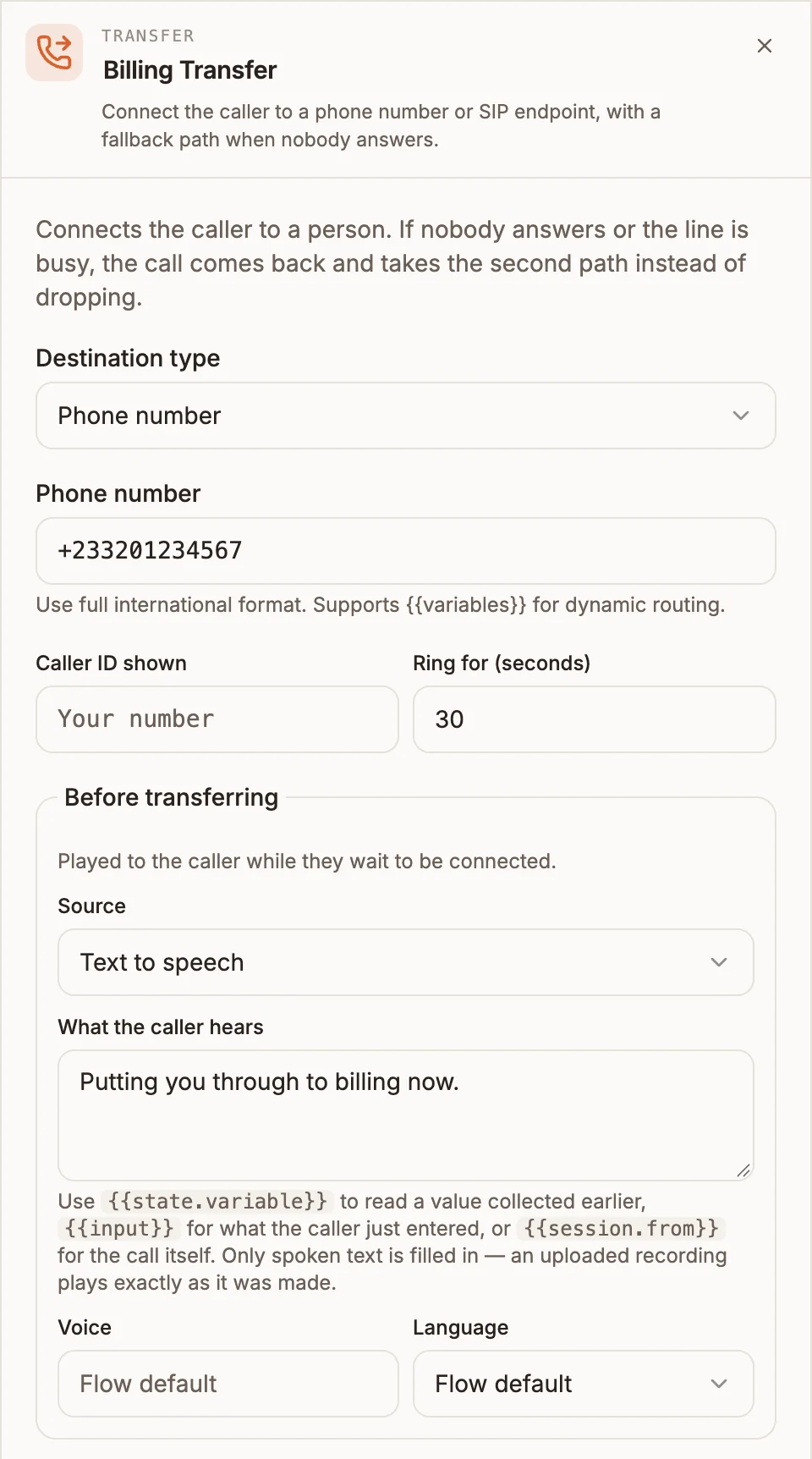 Transfer settings panel with Destination type set to Phone number