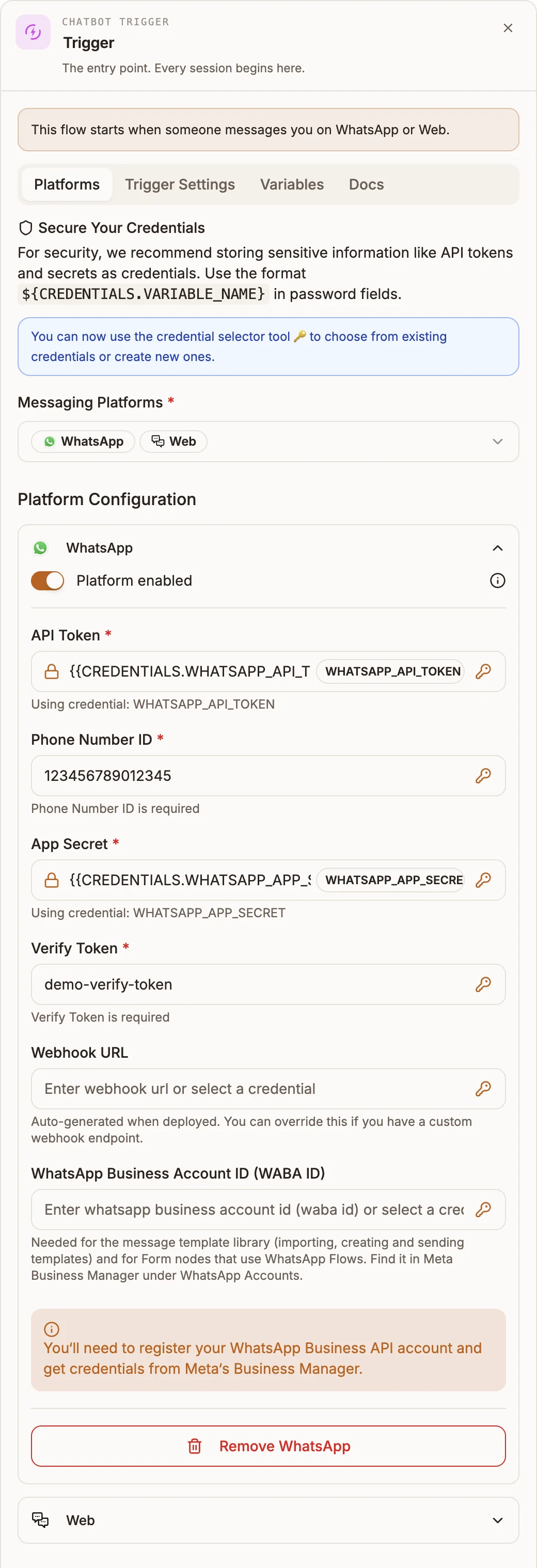 Trigger settings panel on the Platforms tab with WhatsApp and Web selected and the WhatsApp configuration expanded