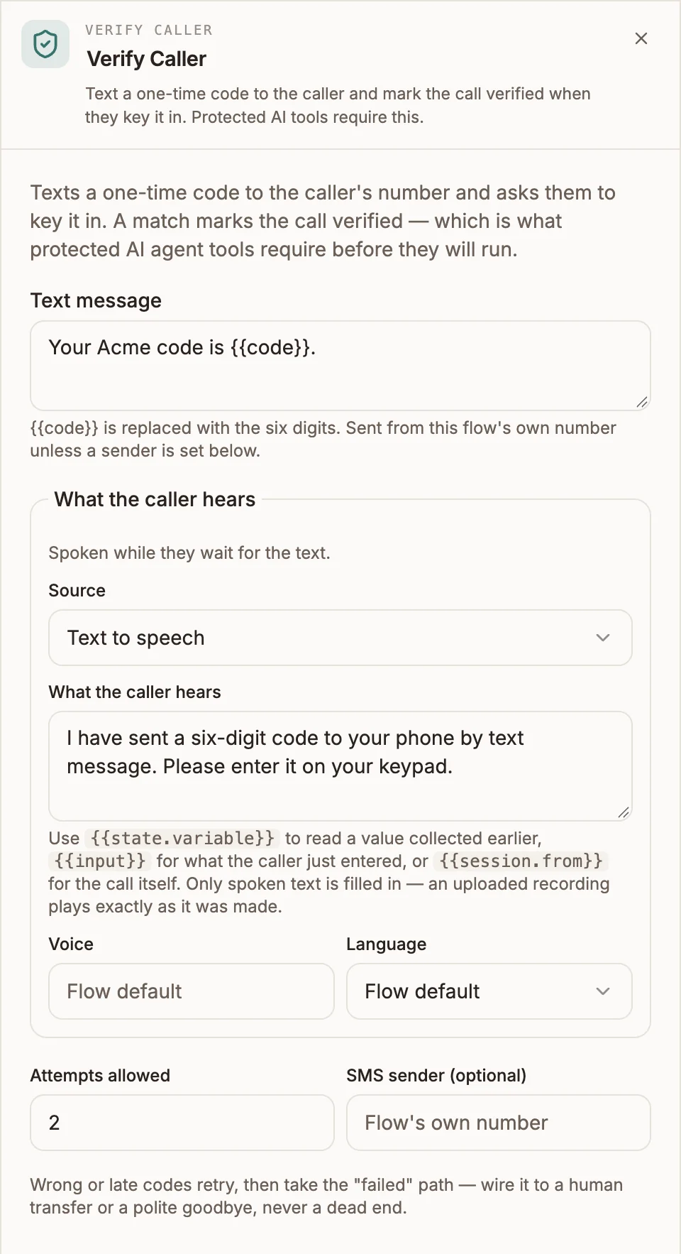 Verify Caller settings panel with the text message, spoken prompt, attempts and sender fields
