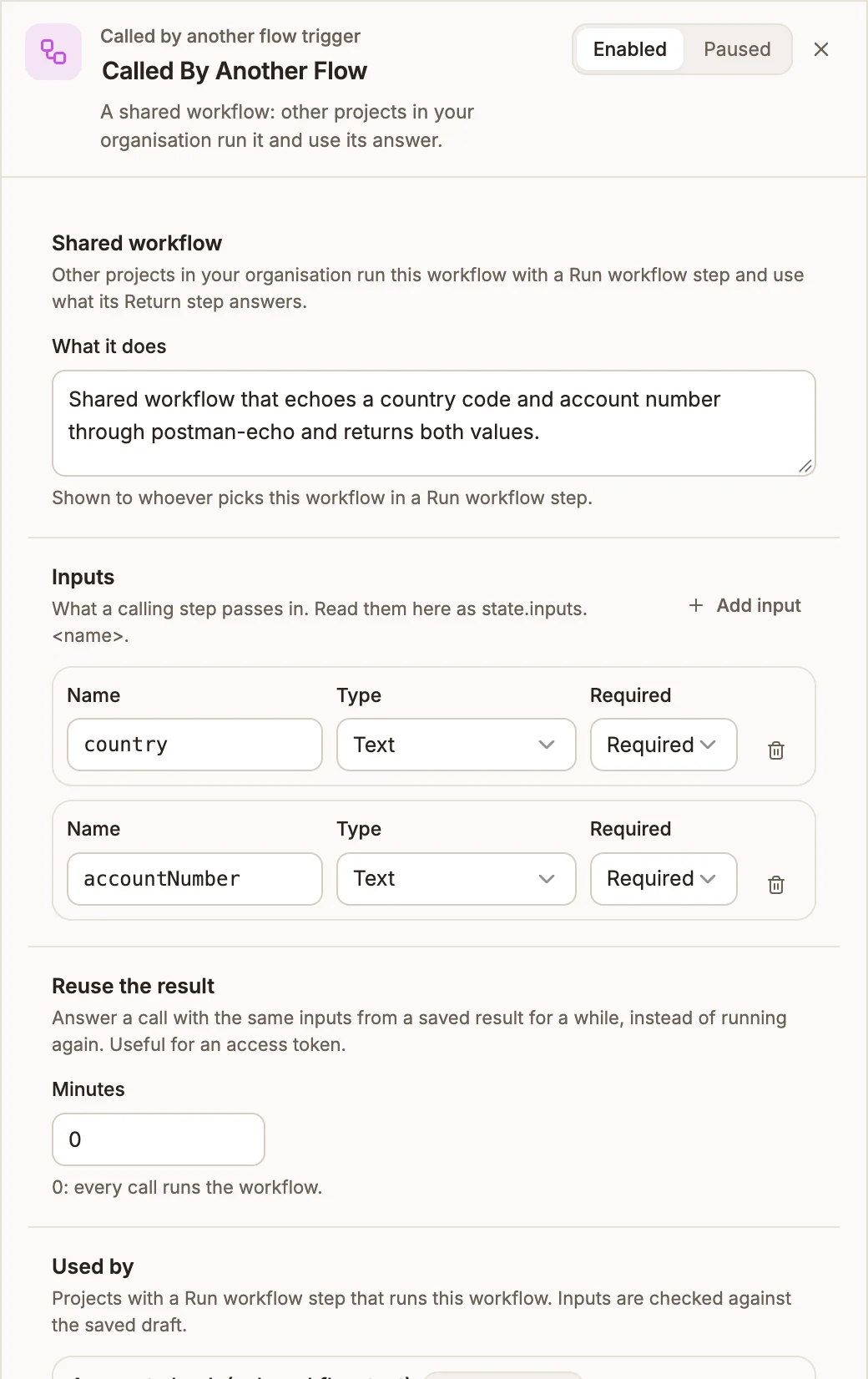 Called by another flow settings with What it does filled in, two required Text inputs, country and accountNumber, Reuse the result at 0 minutes, and the start of the Used by list
