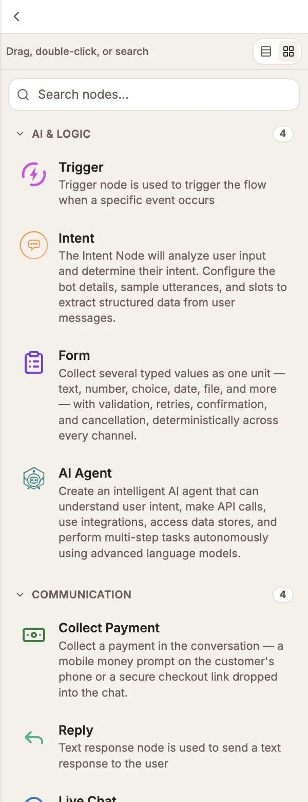 The Nodes Library panel in expanded view, with nodes grouped by category and a search box at the top
