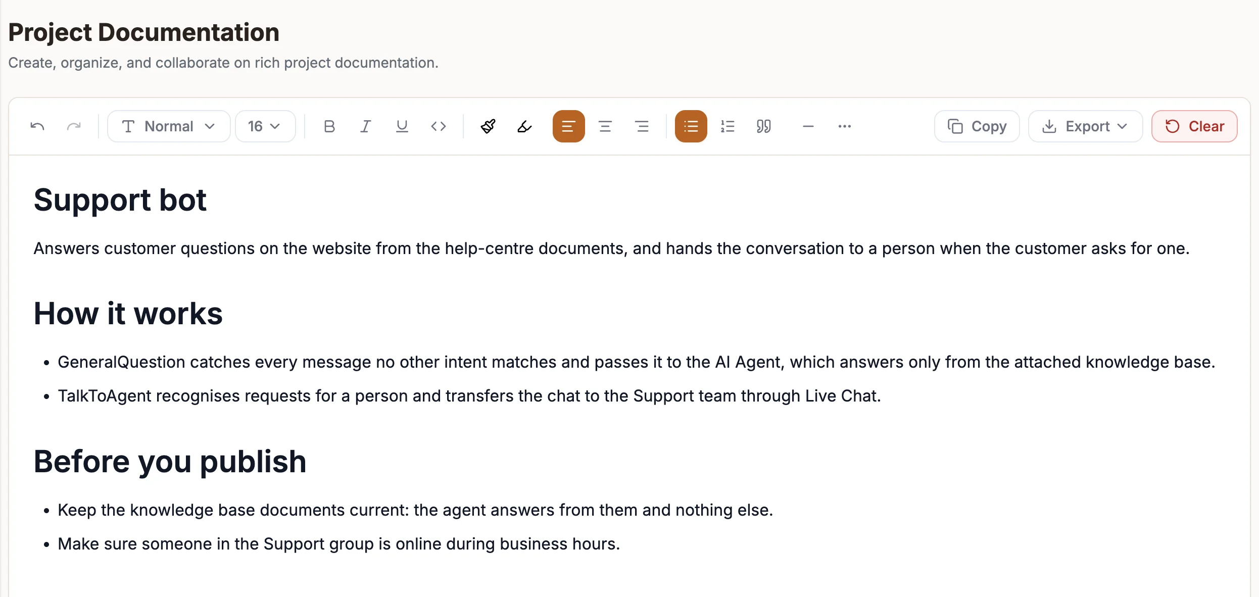 The Documentation tab with the formatting toolbar and a project write-up