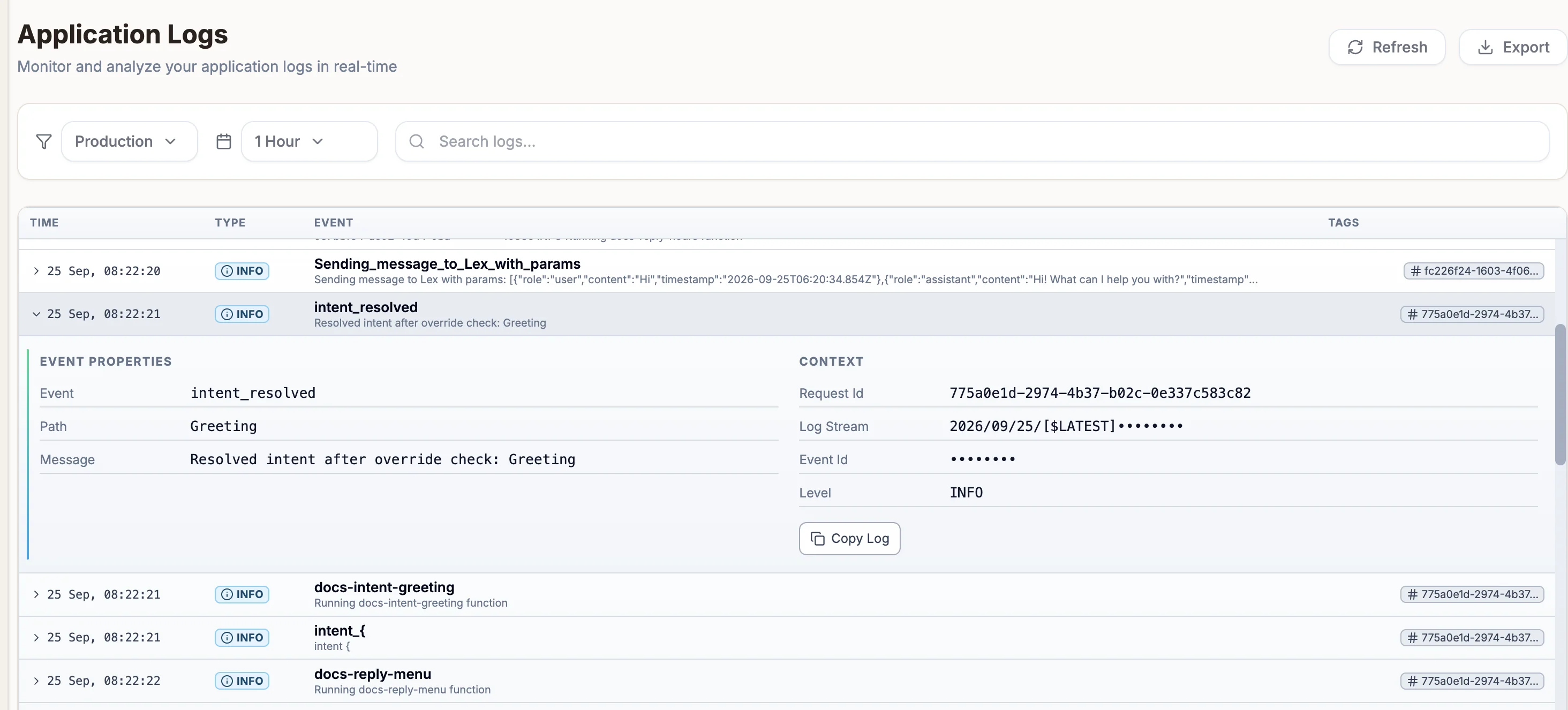 The Logs tab with environment and time filters, a search box and a list of log events, one expanded to show its properties