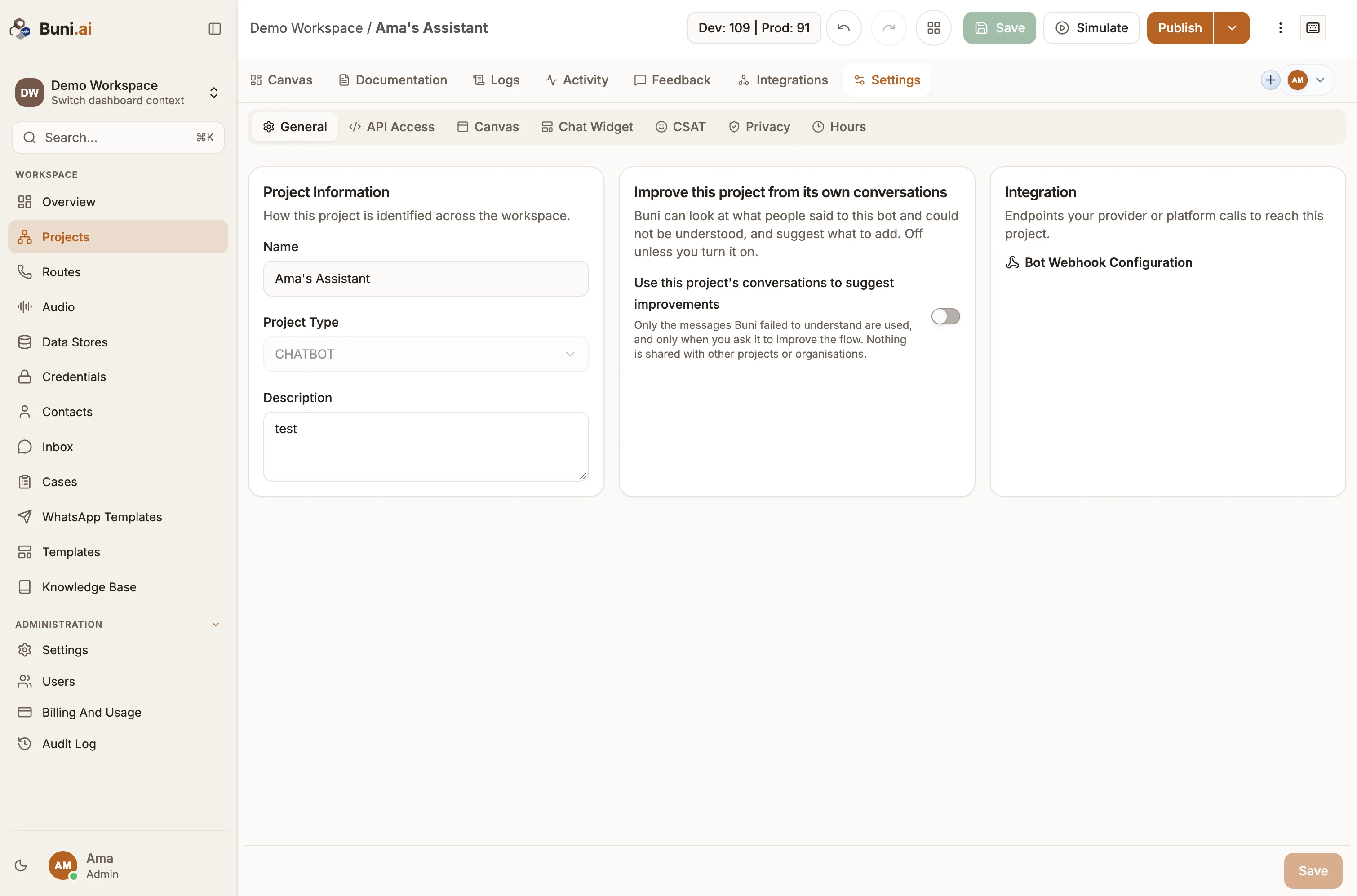 The project Settings tab showing the General sub-tab and the list of sub-tabs