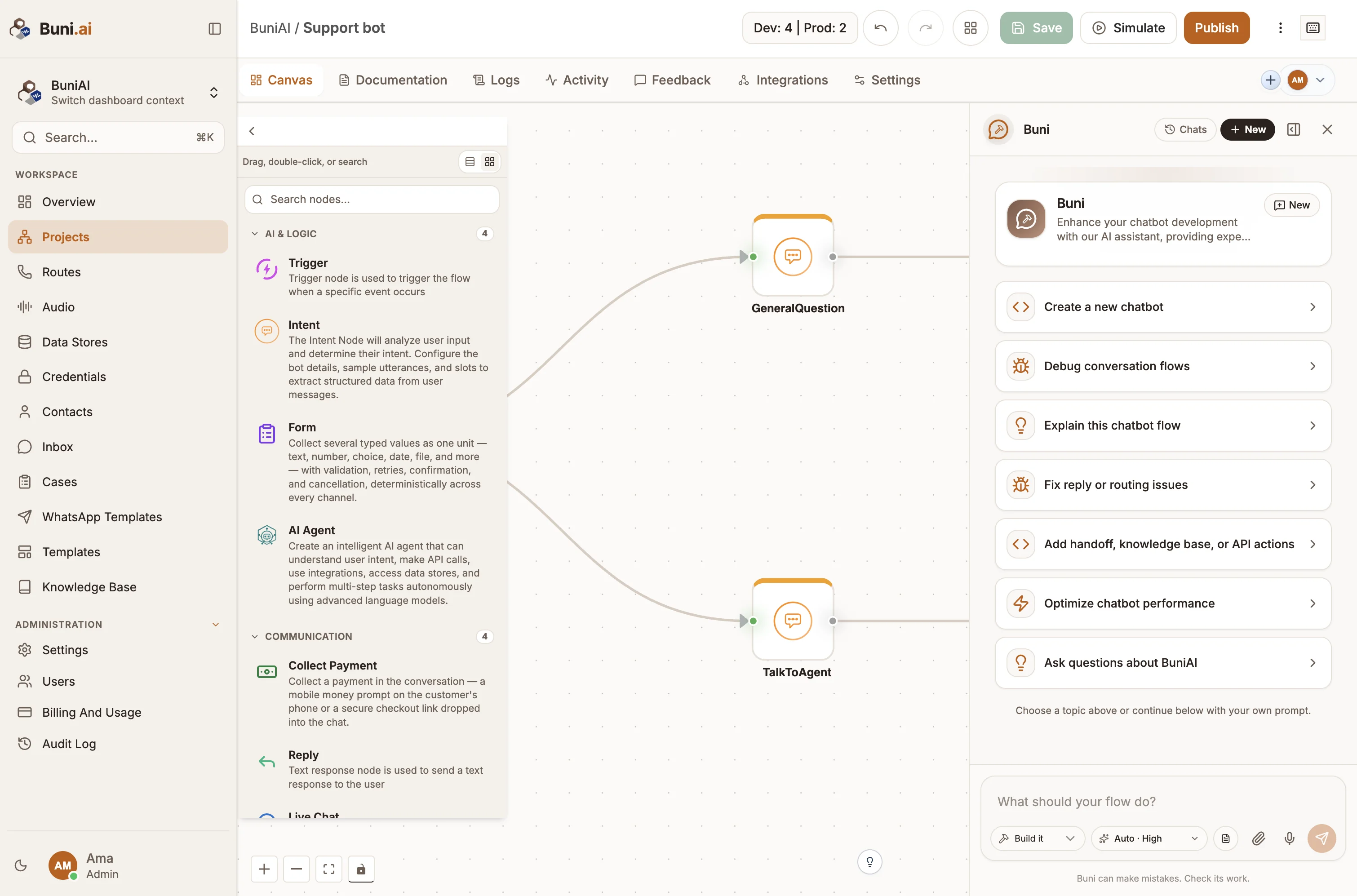 A chatbot project open on the Buni.ai canvas, with Buni, the AI assistant, open in the side panel