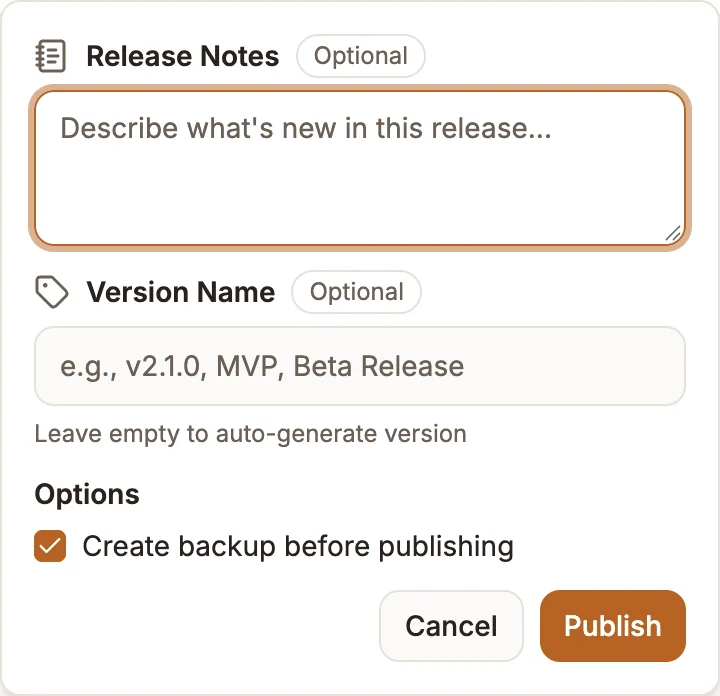 The Publish panel with Release Notes, Version Name and the Create backup before publishing option
