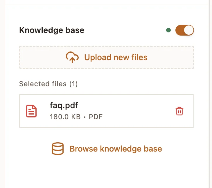 The AI Agent node panel with the Knowledge base switch on and a document attached