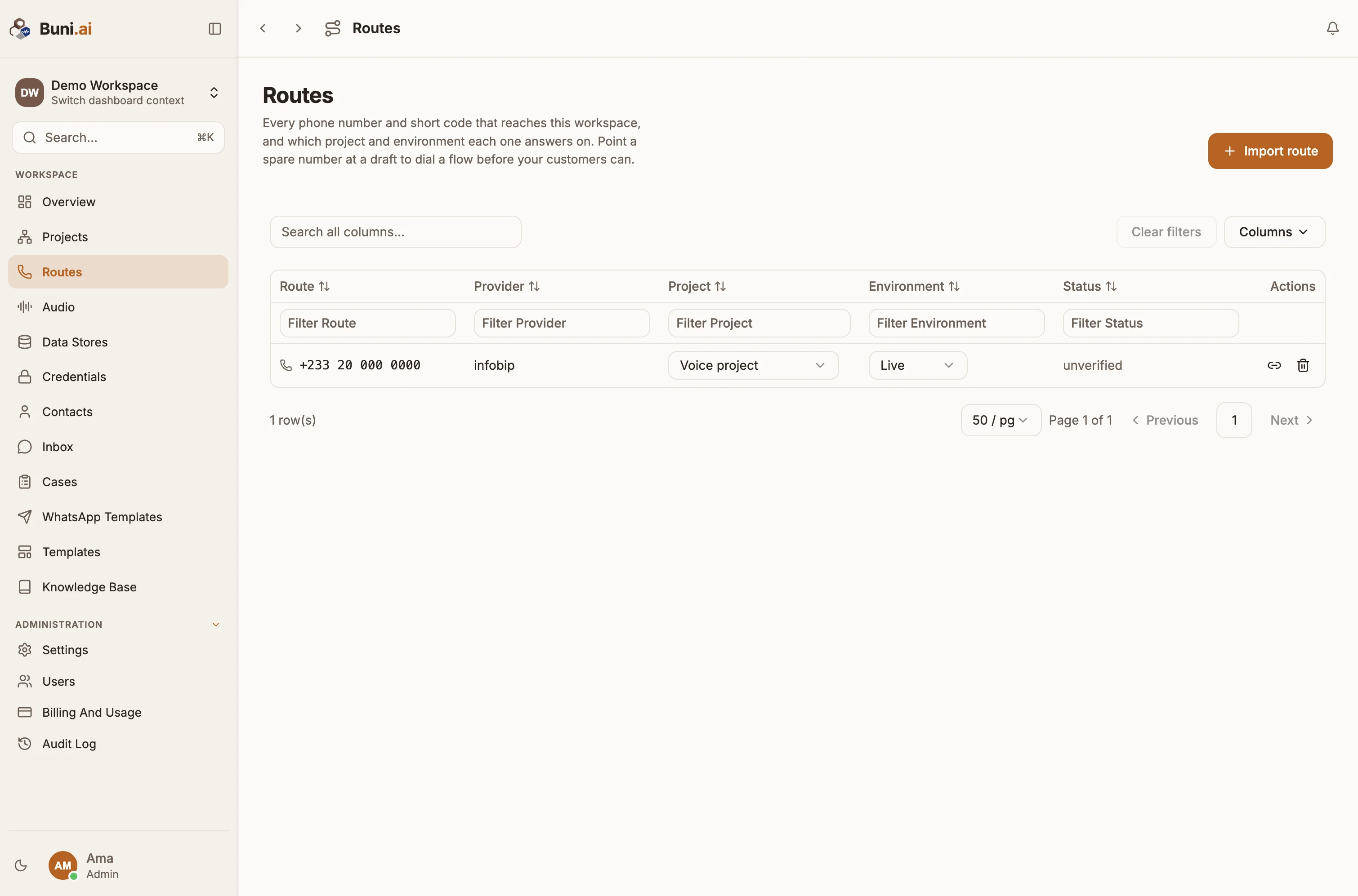The Routes page with a demo short code and a demo phone number, each linked to a project with Live or Draft environment