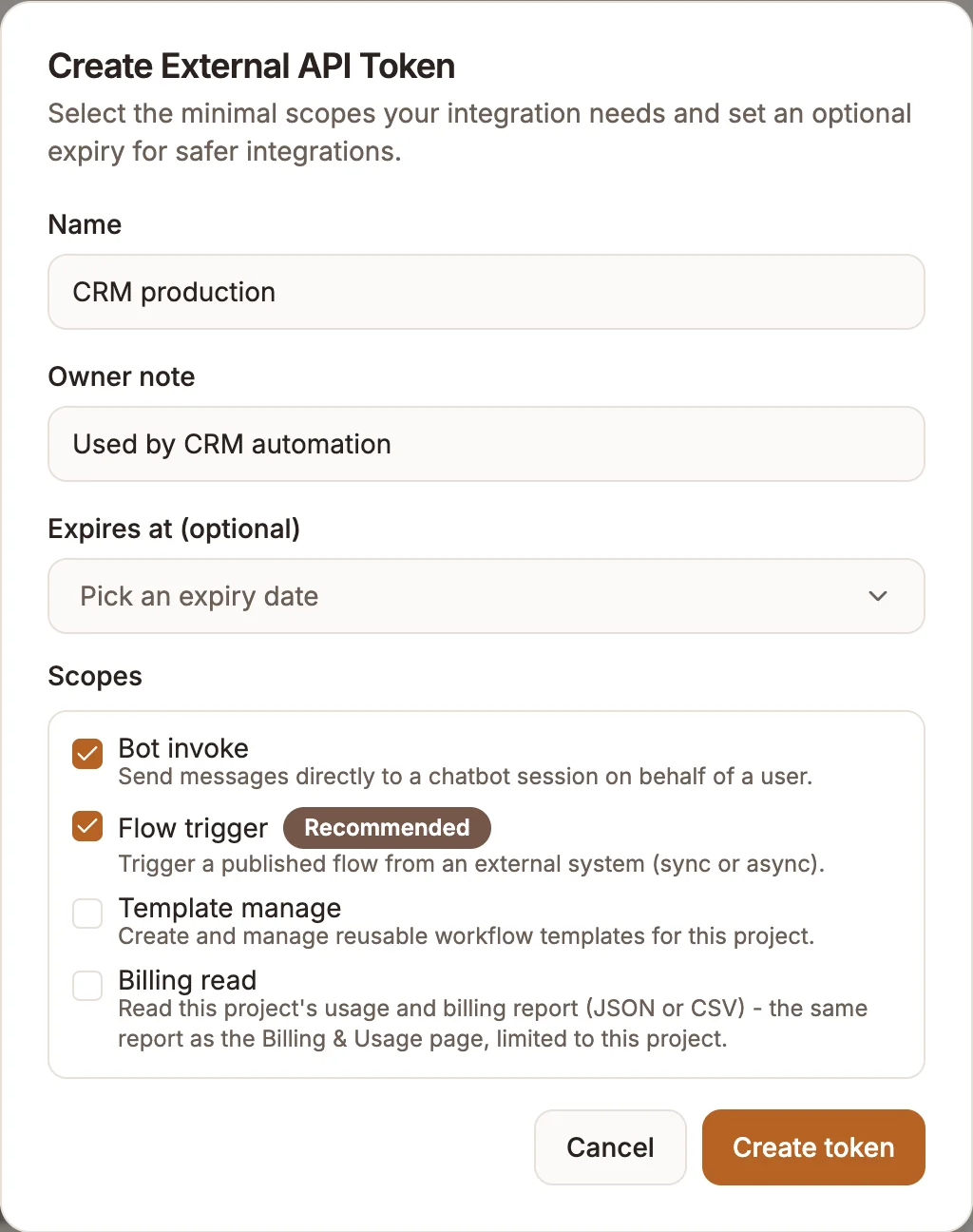 The Create External API Token dialog with name, owner note, expiry and scope checkboxes