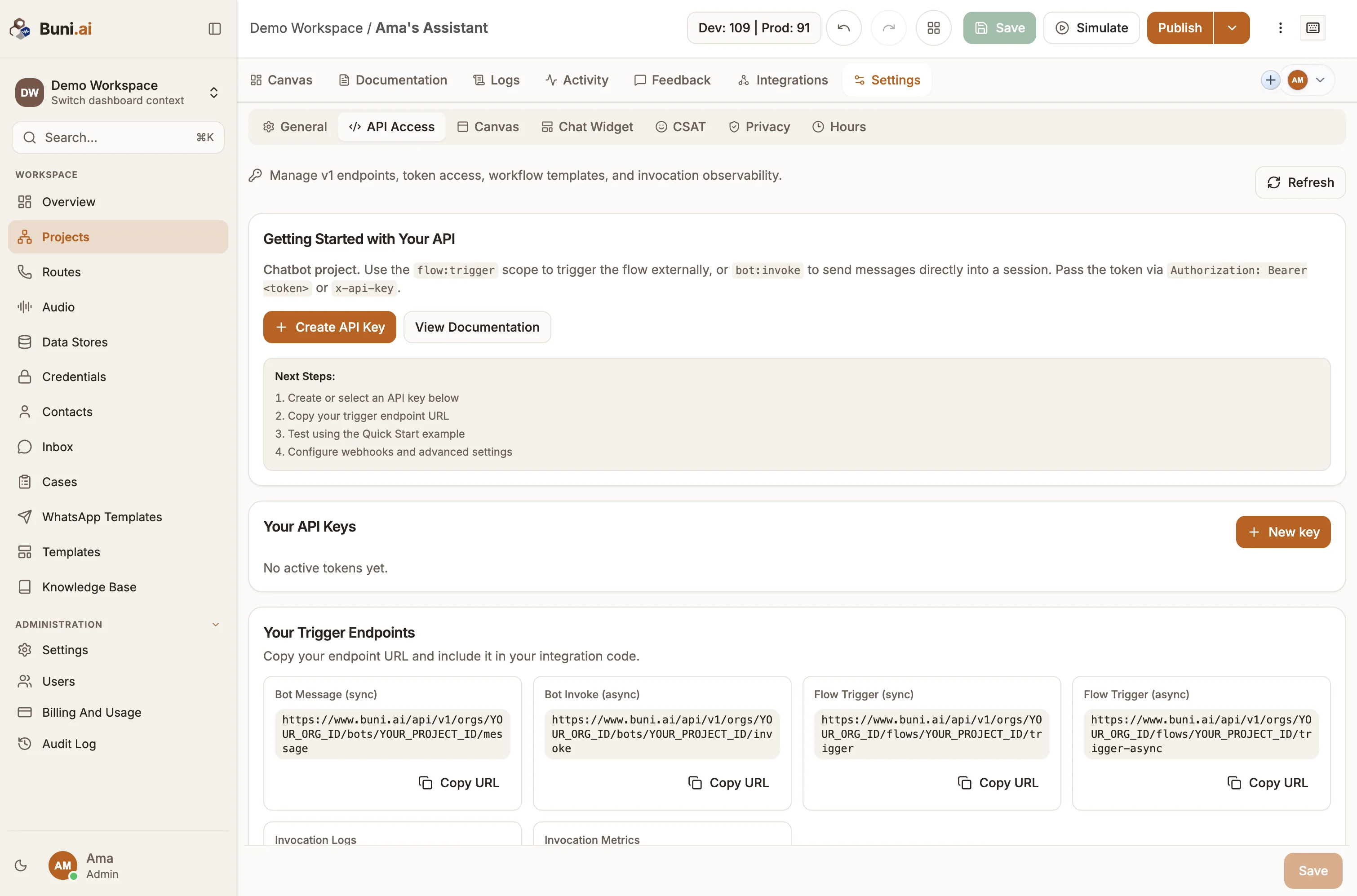 The API Access tab of a chatbot project, showing Your API Keys and Your Trigger Endpoints