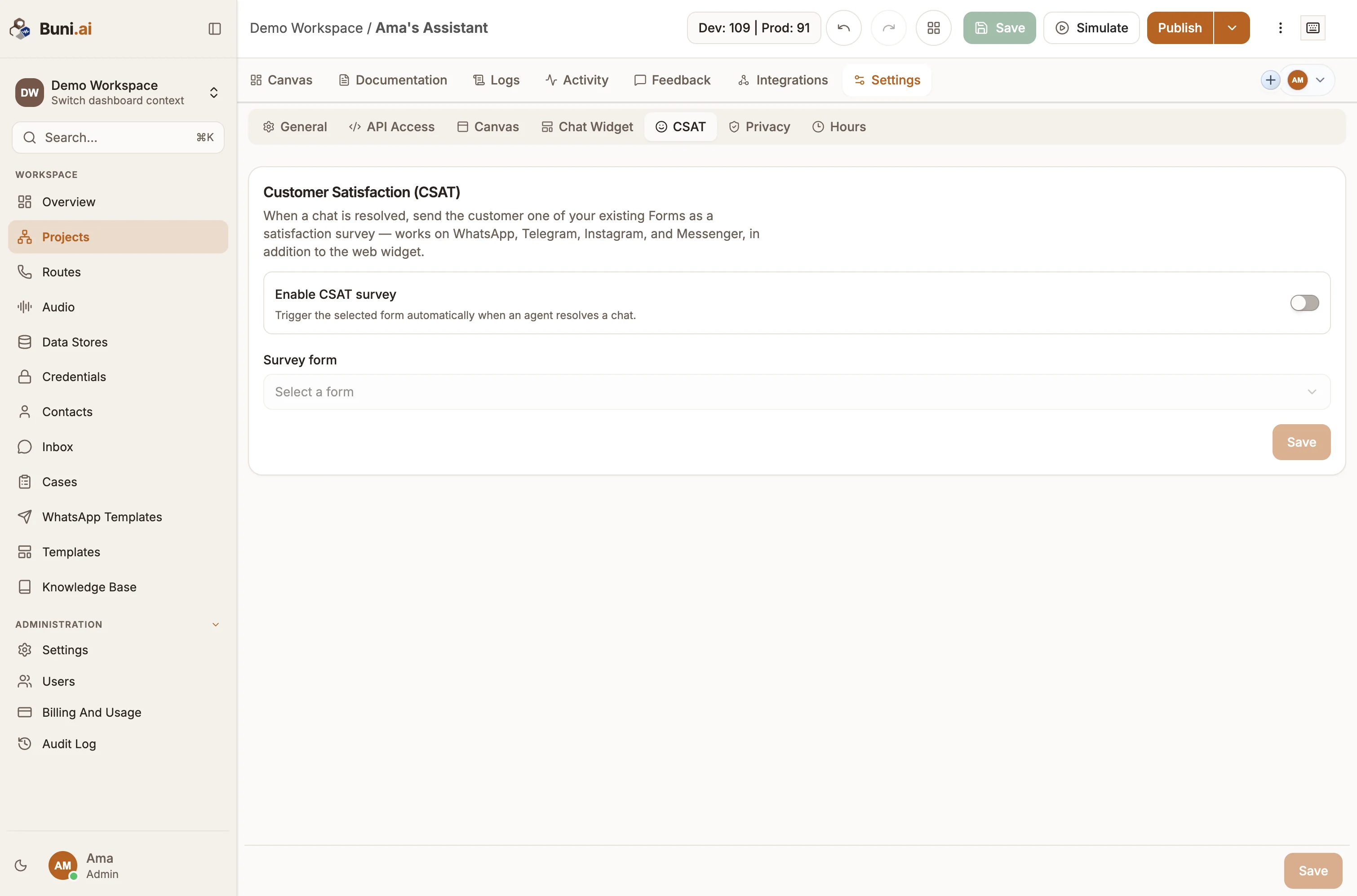The Customer Satisfaction (CSAT) settings tab with a survey form and rating field selected