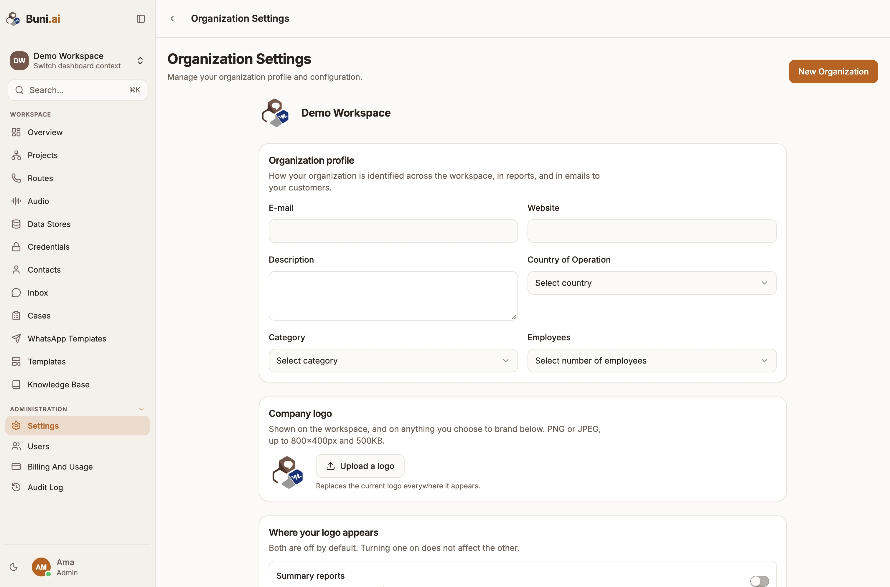 The Organization Settings page with the organization profile, company logo and email notification sections