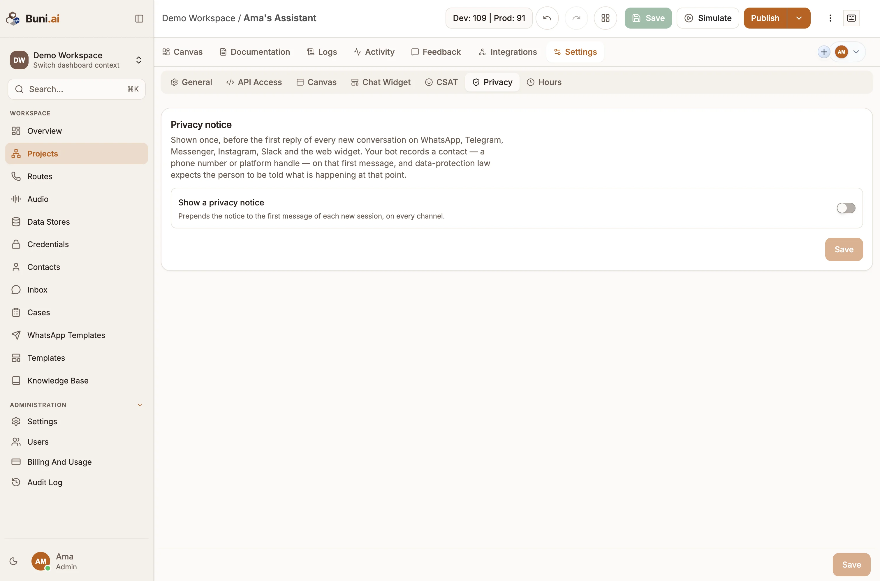 The Privacy notice settings tab with the notice turned on, demo notice text and a privacy policy link