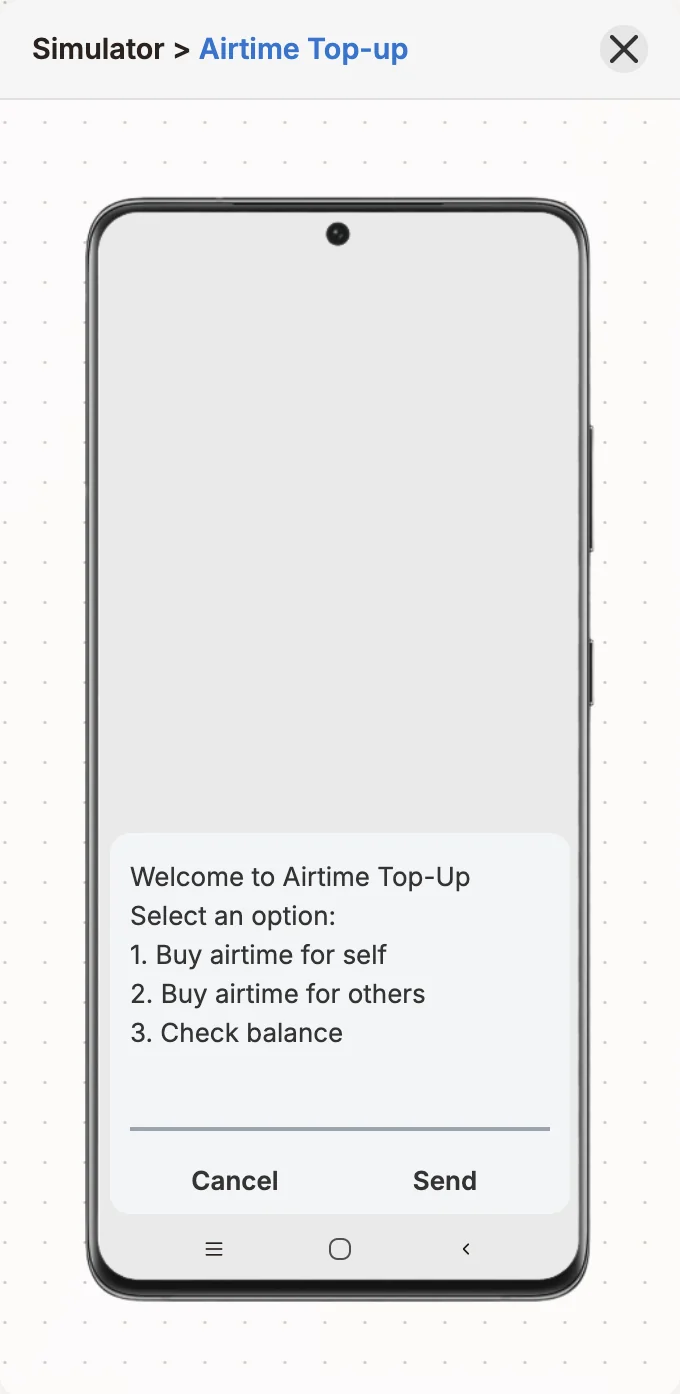 The USSD phone emulator showing a menu from the flow