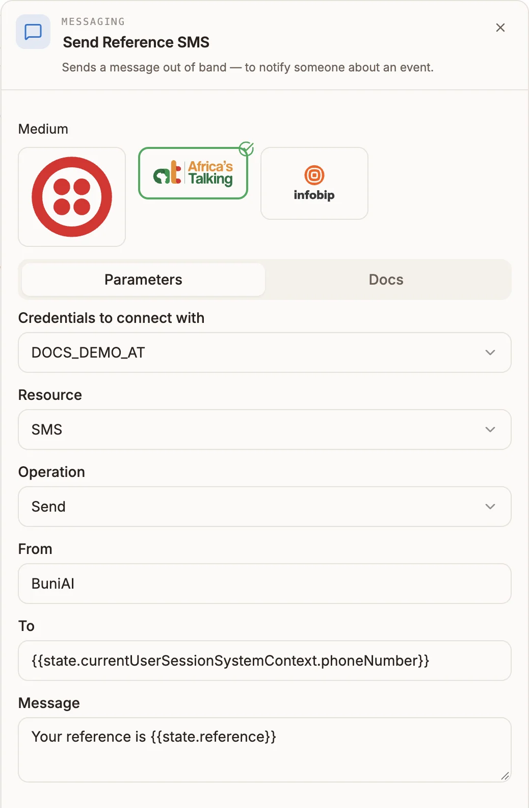 The Messaging node's settings with Africa's Talking selected as the medium and the Credentials, Resource, Operation, From, To and Message fields