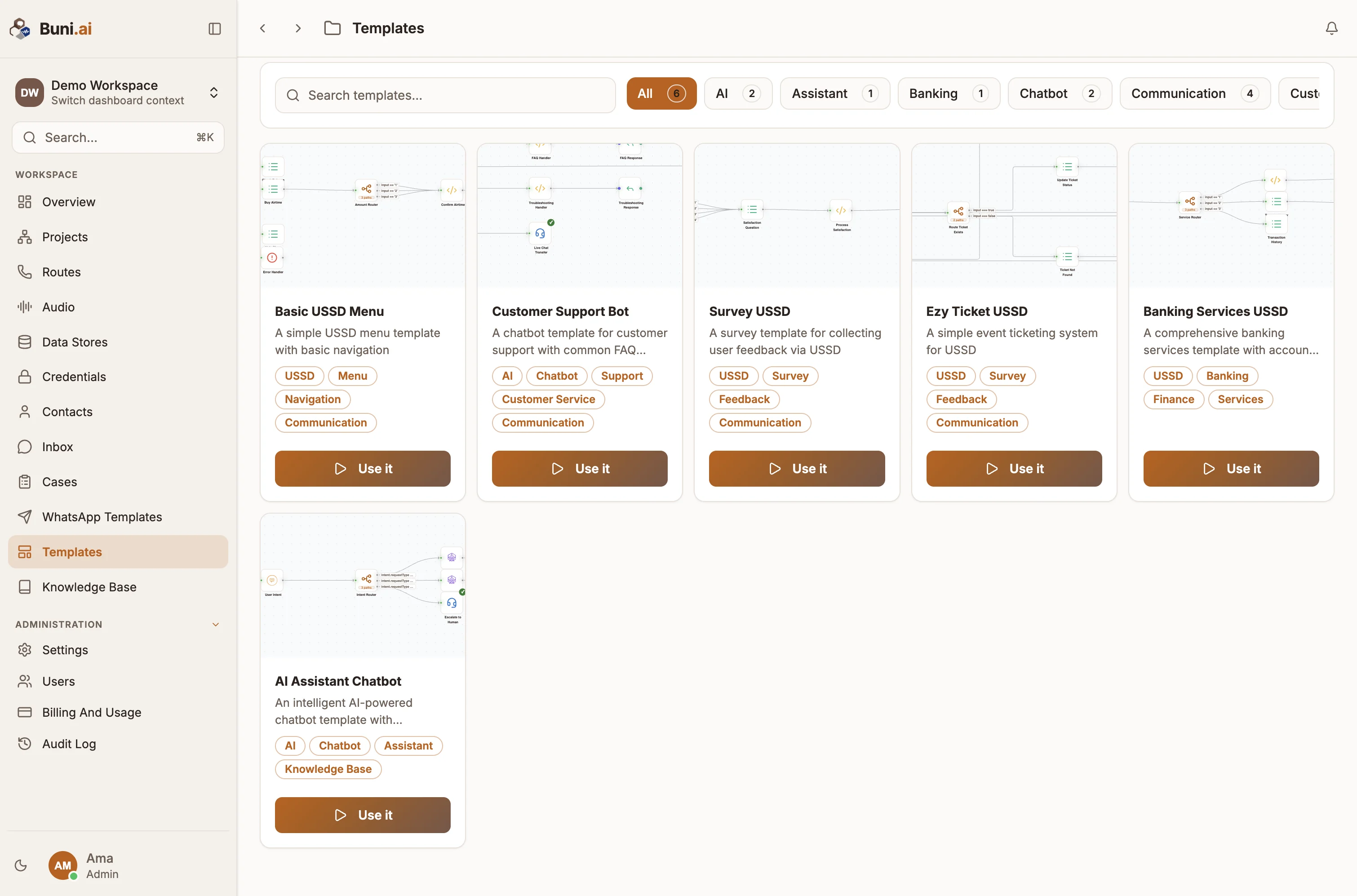 The Templates page with a grid of template cards and category filters