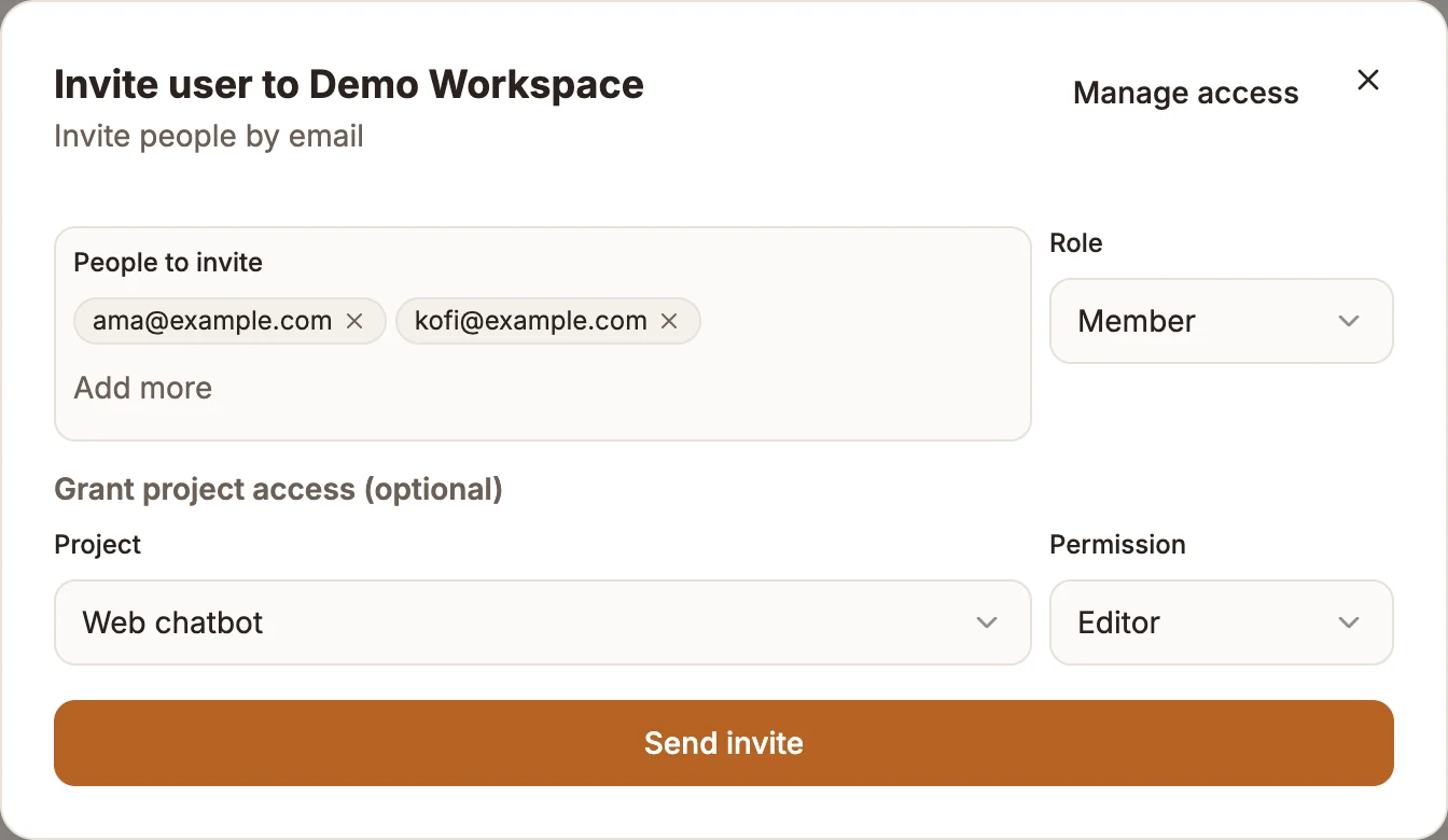 The invite dialog with two demo email addresses, the Member role and a project permission selected