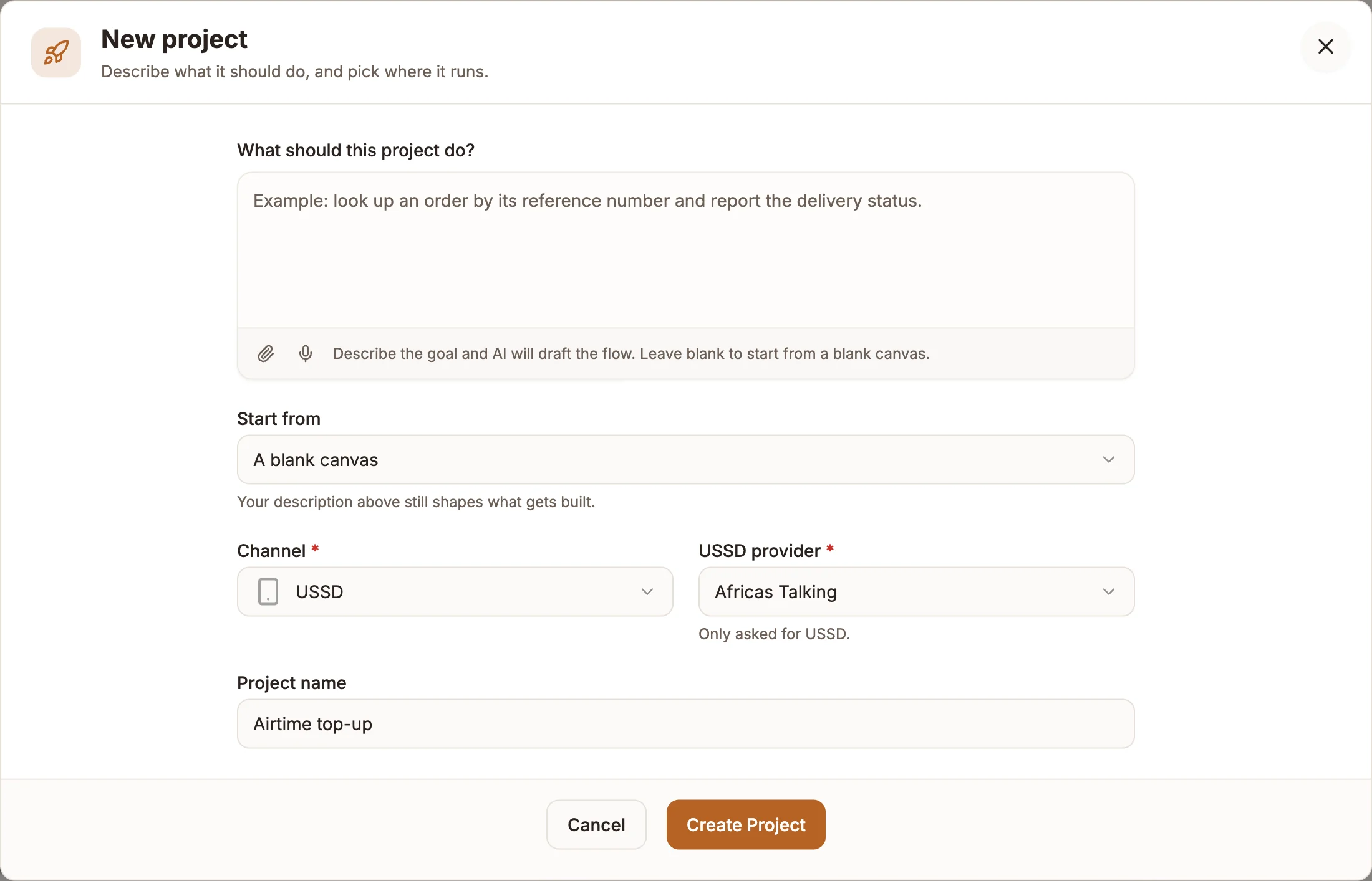 The New project dialog with Channel set to USSD and the USSD provider field showing