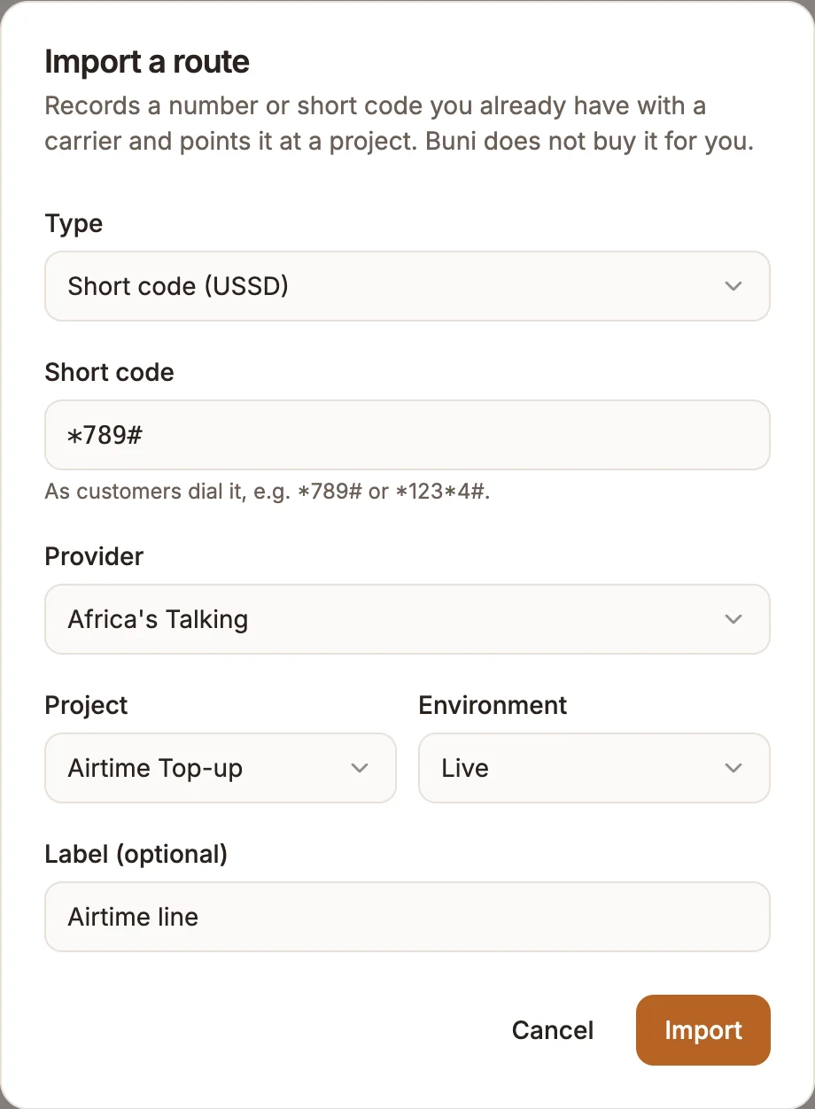 The Import a route dialog with Type set to Short code (USSD), a short code of *789#, and Provider, Project and Environment filled in
