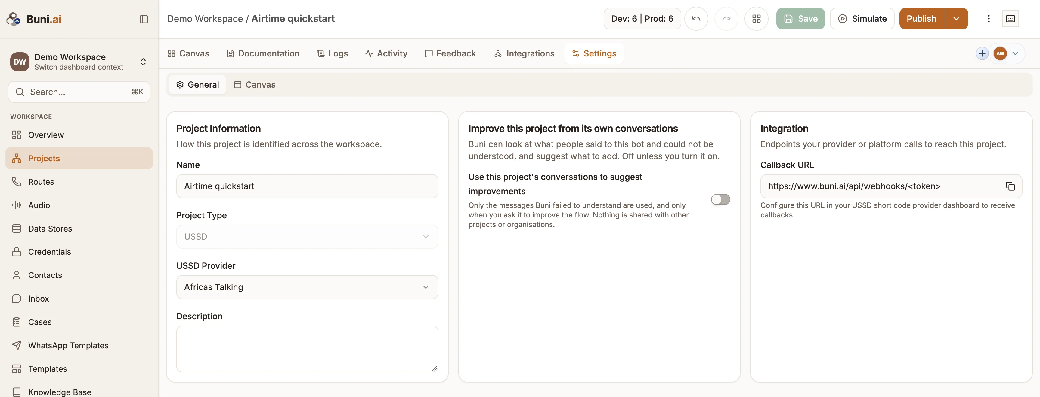 The General settings of a published USSD project, with the USSD Provider field and the Integration section showing the Callback URL