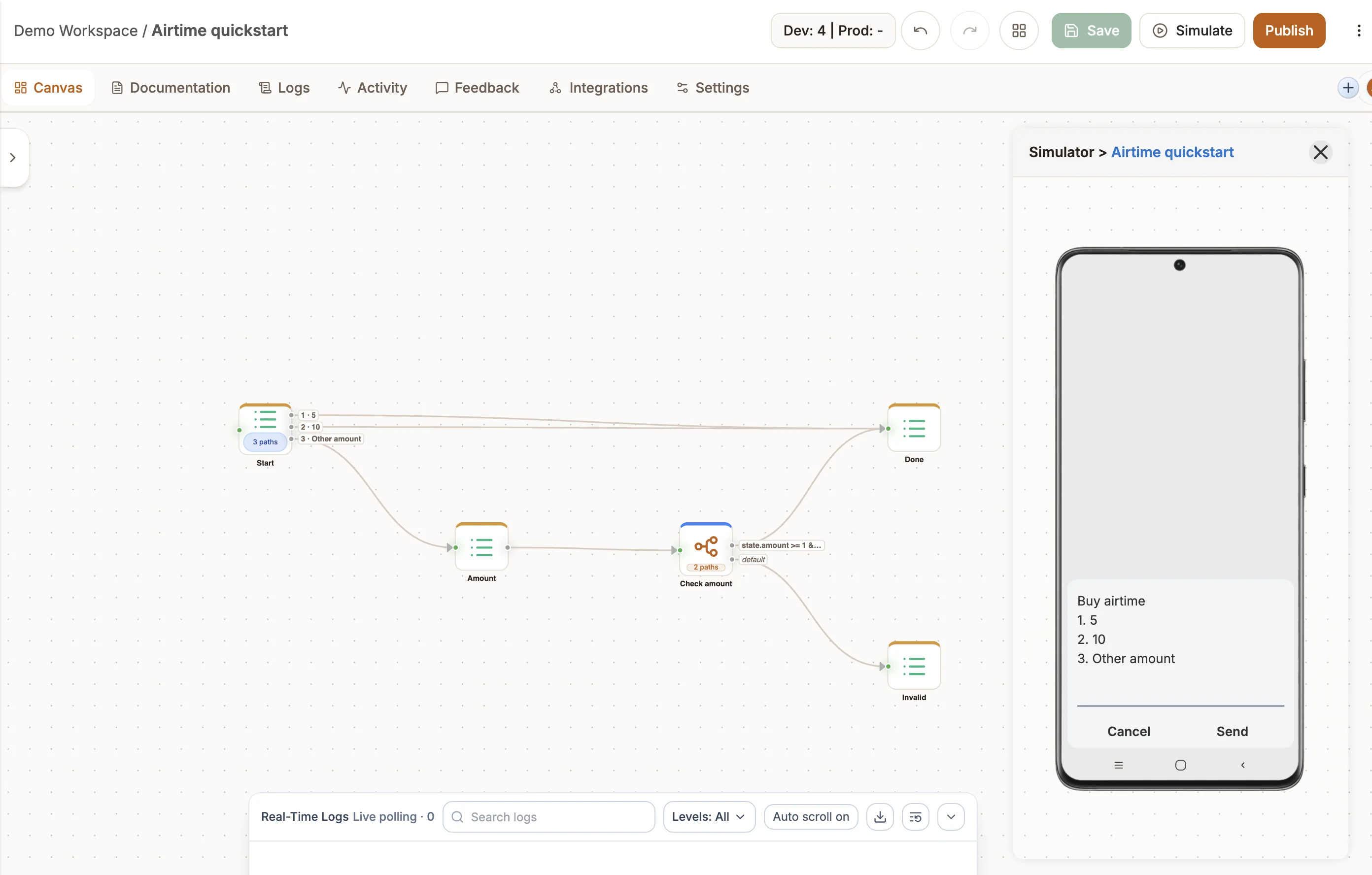 The USSD simulator beside the canvas, showing the Buy airtime menu with a reply field and Cancel and Send buttons
