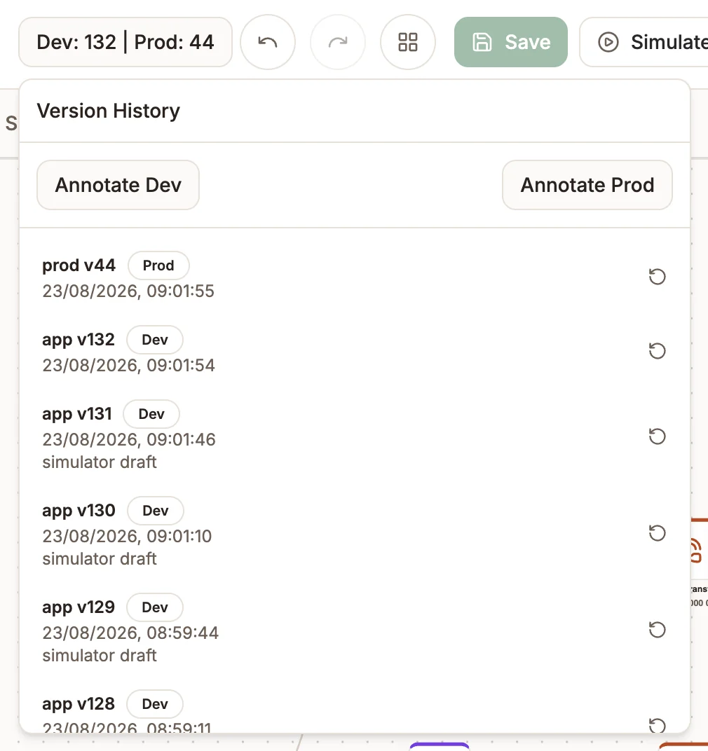 The Version History list opened from the version badge, with Dev and Prod entries